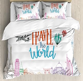 Ambesonne Saying Duvet Cover Set, Travel The World Lettering with Around World Landmarks Balloons Work of Art Image, Decorative 3 Piece Bedding Set with 2 Pillow Shams, King Size, Blue Grey