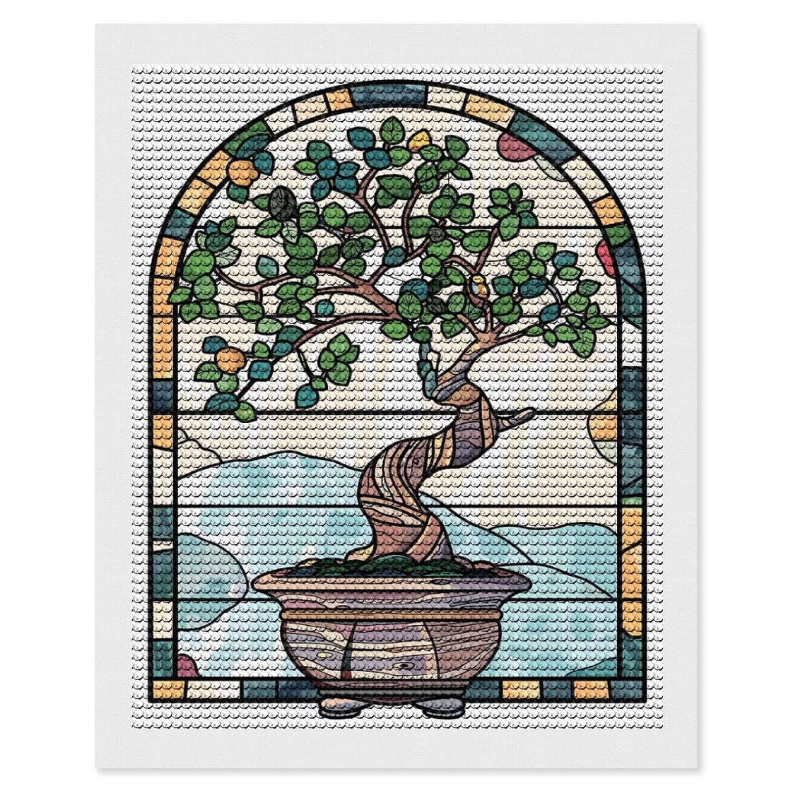 Junmoney Stained Glass Bonsai Tree Diamond Art Canvas 16"x20", for Adults, Printed Canvas, Home Wall Decor, Gift Idea, Mindful Craft Activity
