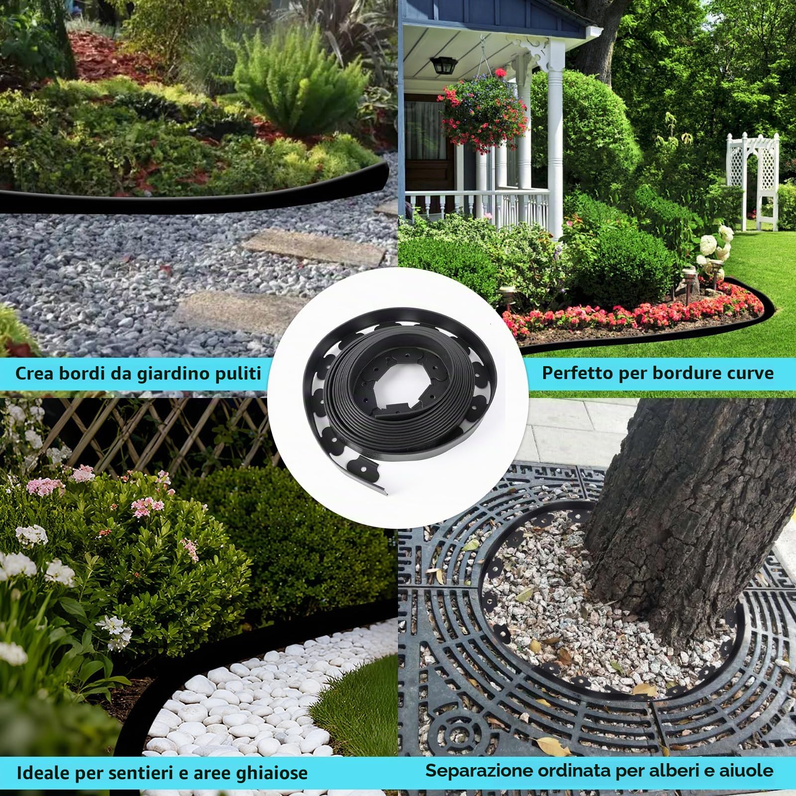 Bordo per Aiuole da Giardino 10 m con 60 Picchetti – Bordura per Prato in Plastica Flessibile, Altezza 10 cm – Separatore per Aiuole e Vialetti, Nero
