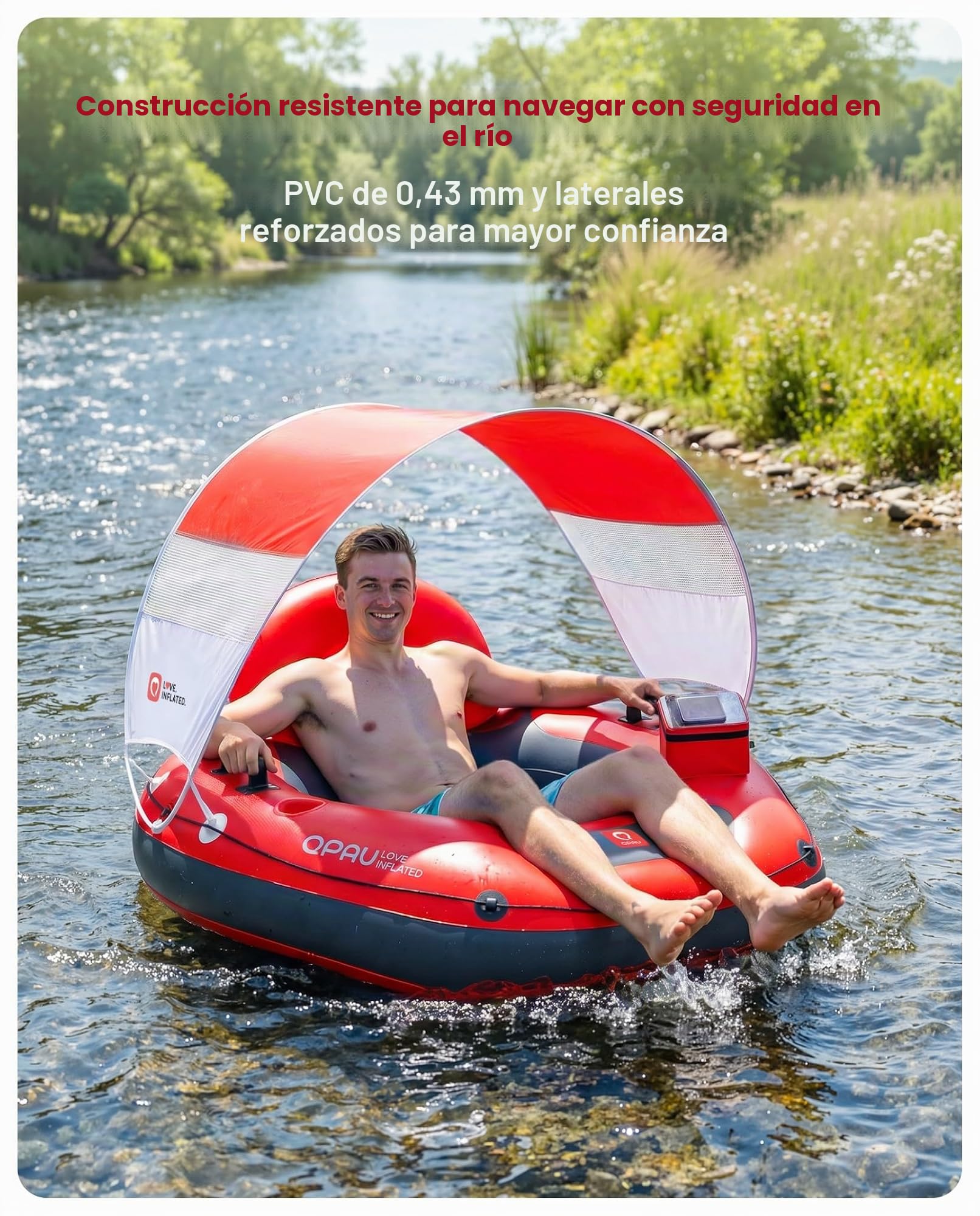 QPAU flotador de río inflable de 46 pulgadas con toldo solar extraíble, flotador resistente para adultos, reposapiernas ergonómico y respaldo, bolsa impermeable y portavasos, ideal para ríos, lagos