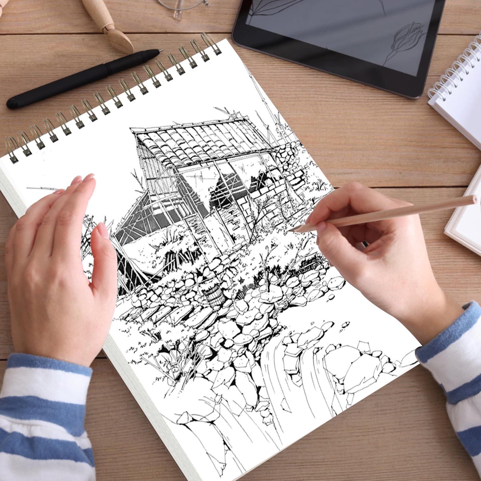 Cuaderno de bocetos de tapa dura de 9 x 12 pulgadas, bloc de bocetos encuadernado en espiral superior, 100 hojas de papel de dibujo de 70 libras/100 g/m², paquete de 2