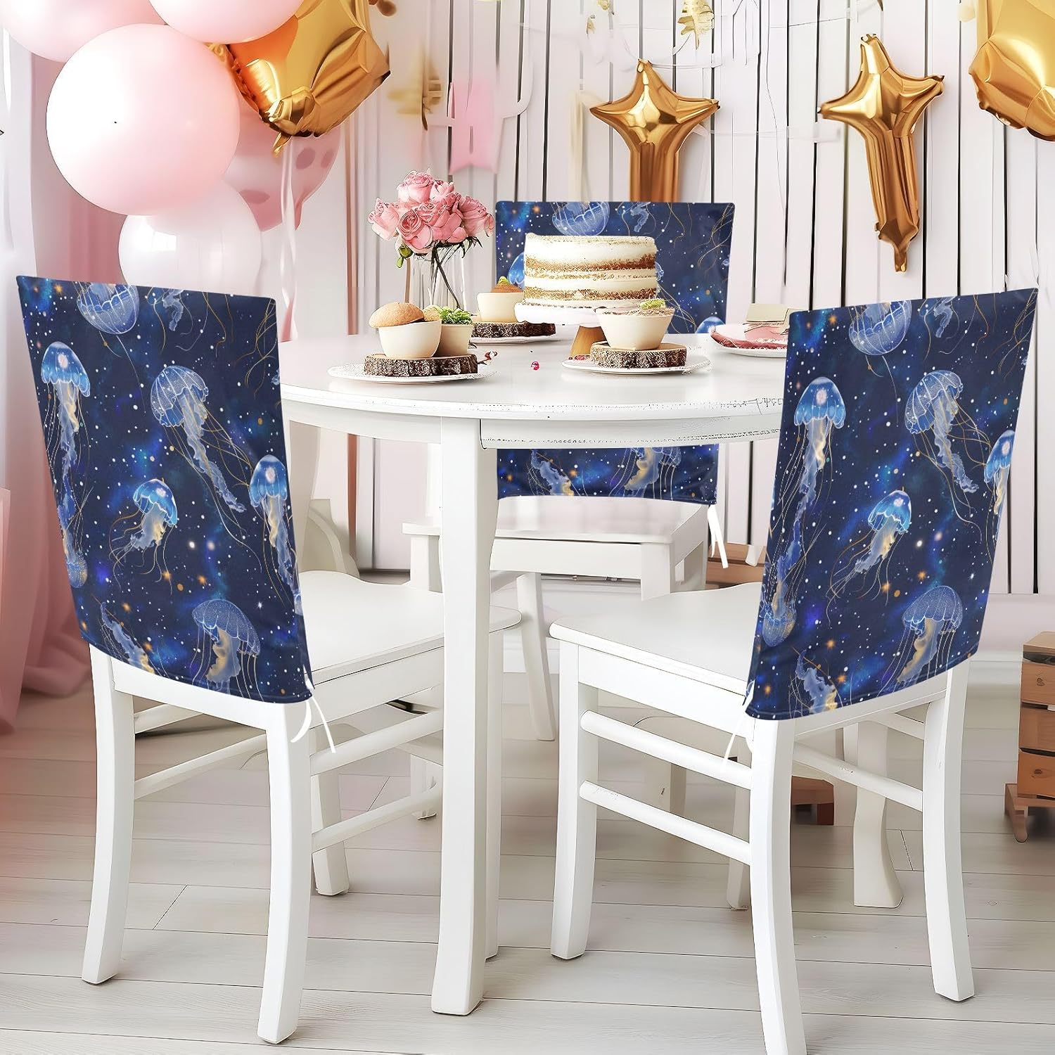 ALAZA Cute Starry Jellyfish Stars Chair Back Cover Set of 6, Washable Reusable Removable Chair Slipcovers Decorative Chair Cover for Home Kitchen Wedding Party