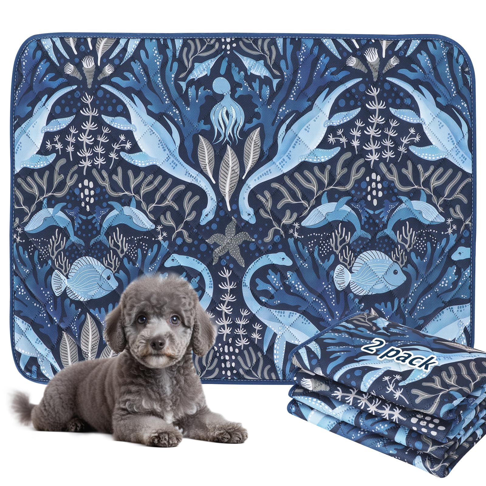 BVAGSS 2 Pezzi Tappetini Assorbenti per Cani, Tappeti Lavabili Riutilizzabili, Antiscivolo, Alta Assorbenza Addestramento traversine per cani XH081 (60x60cm,Dino Navy)