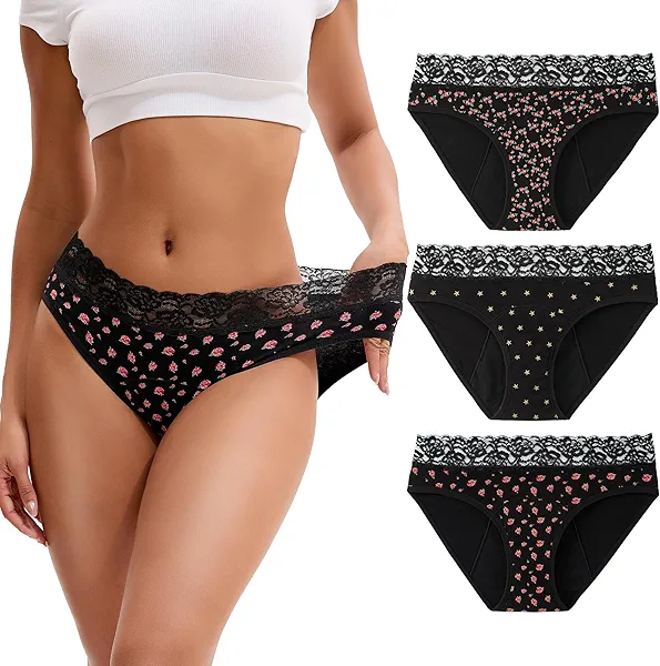 INNERSY Period Underwear for Women Cotton Lace Leakproof Menstrual Hipster Panties Bikini Briefs 3-Pack