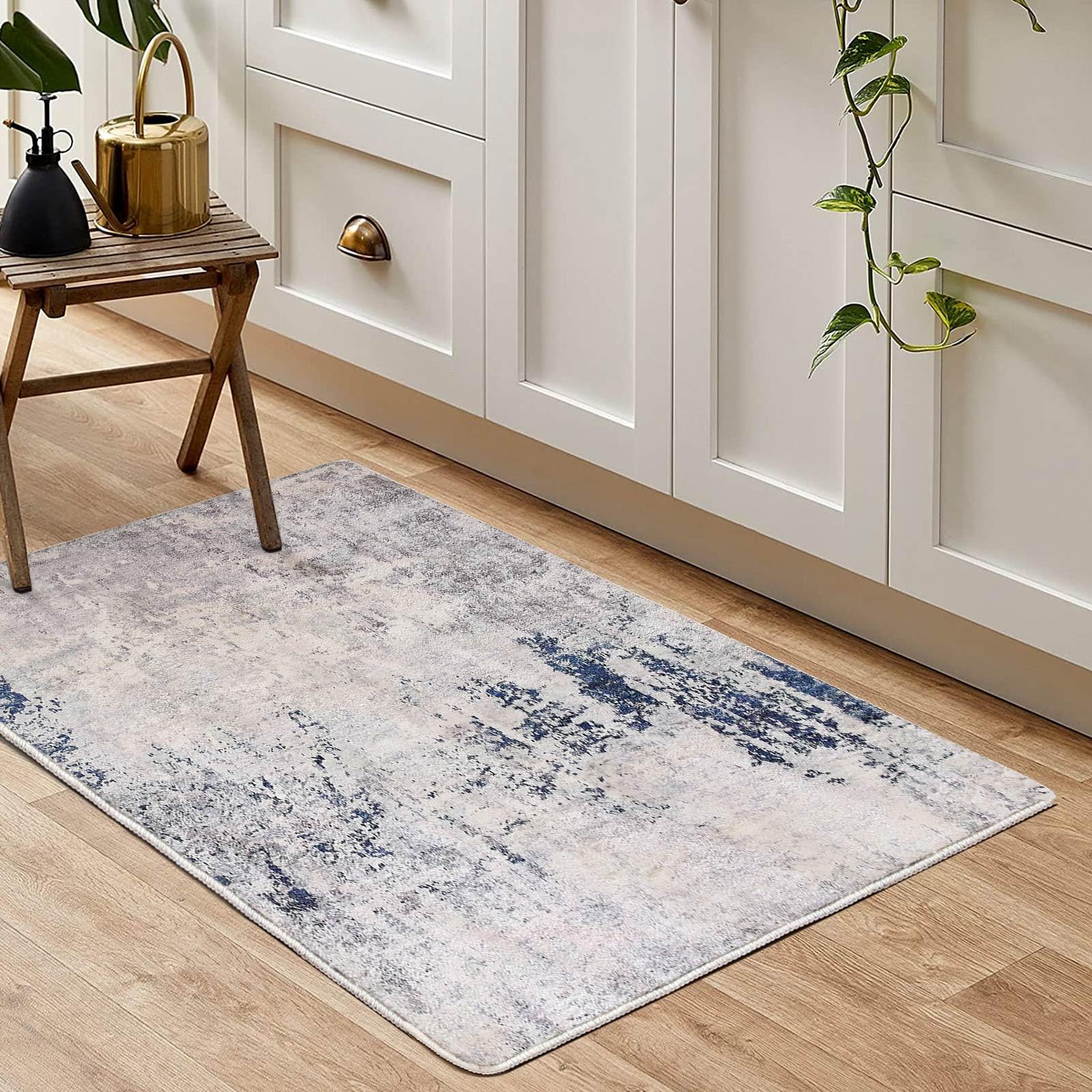 Rugs Living Room Grey Area Rugs for Bedroom Modern Abstract Rug Large Short Pile Rugs Carpet Non-Slip Soft Living Room Rugs Room Decor (60 x 110 cm, Dark Blue/Grey/Beige)