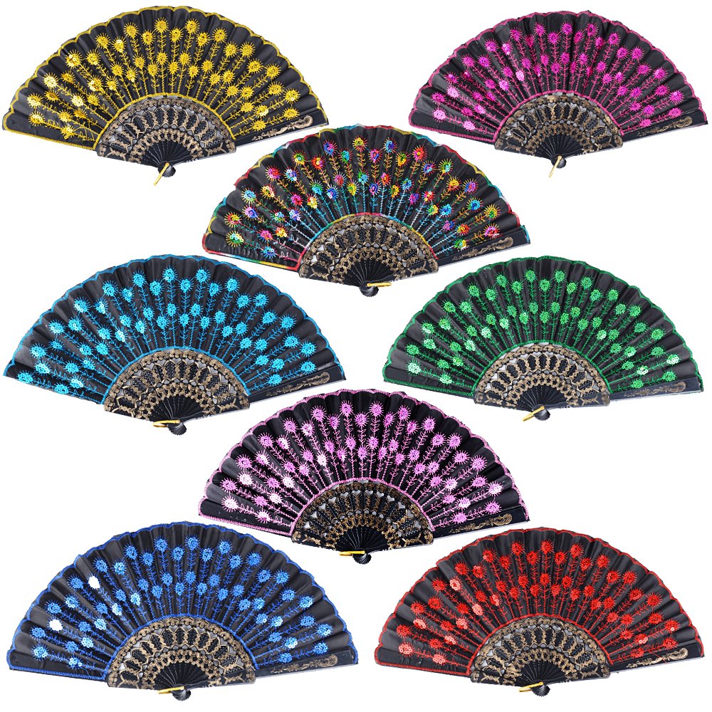8pcs Abanicos Boda de Mano Plegables Español Flamenco Baile Negro con Patrones Colores para Regalo Recuerdo Mujer Novia Invitados Detalle Boda Fiesta Baile Arte Material Plástico Tela (B)