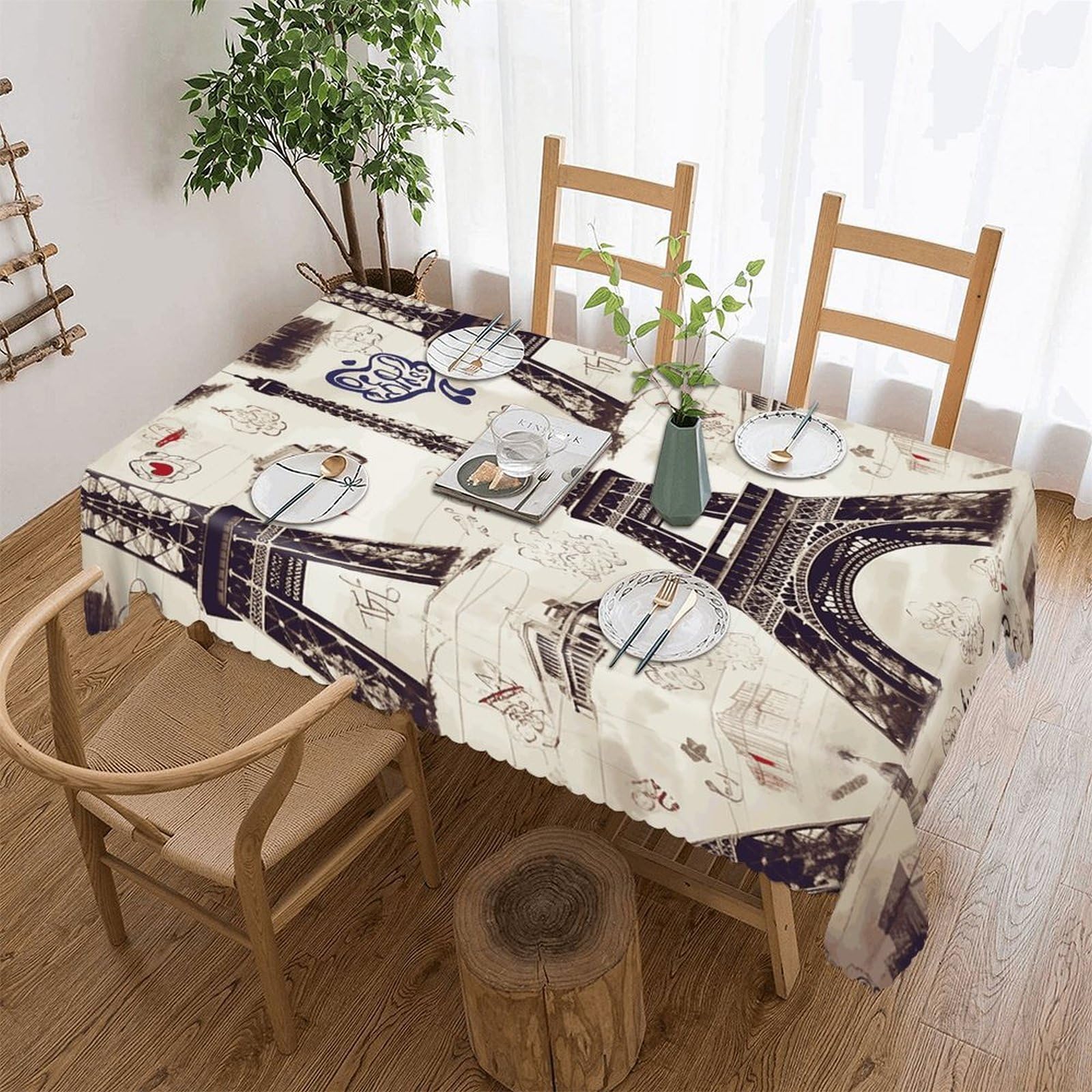 Fekiloot Style French Paris Tour Eiffel Tower Tablecloths Heavy Duty Washable Fabric,Birthday Tablecloth-Wavy Edge Design,Polyester Table Cloth For Restaurant,Picnic,Indoor And Outdoor Dining55 X70