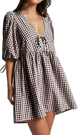 Womens Gingham Puff Sleeve Tie Front Babydoll Mini Dress