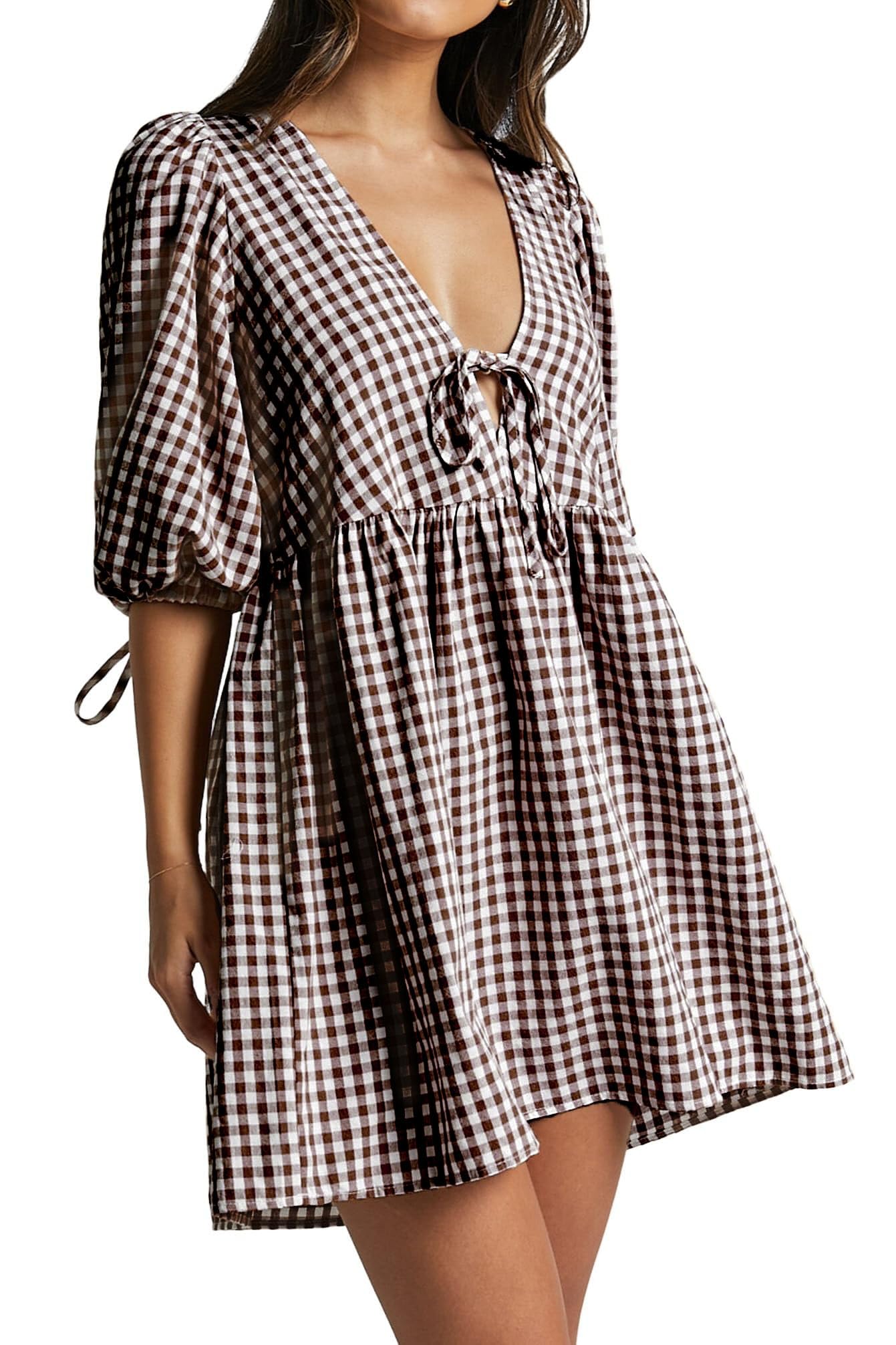 Women's Gingham Puff Sleeve Tie Front Babydoll