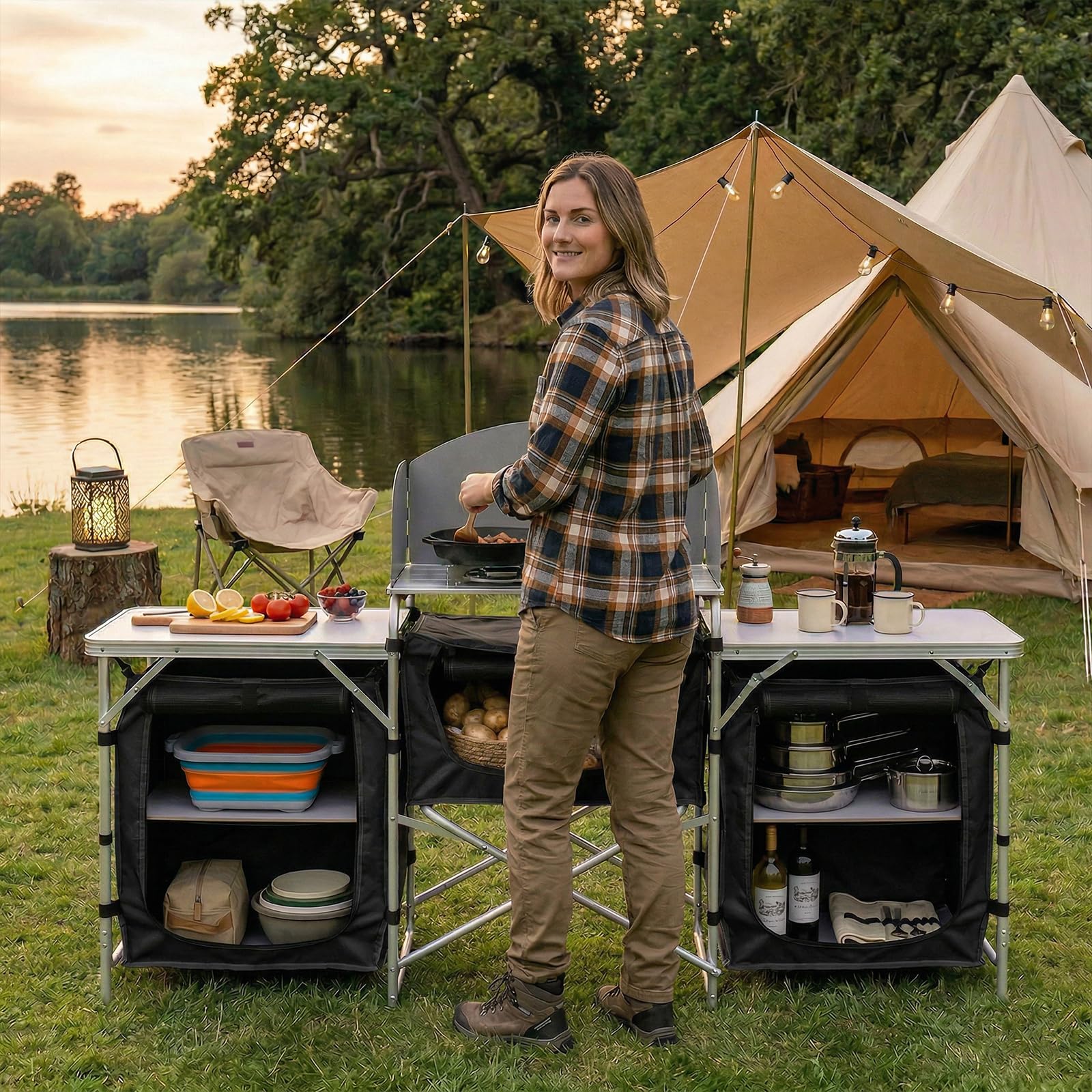 Sekey Campingküche Faltbar, Campingschrank mit Arbeitsplatte und Staufächern, Outdoor Küchenschrank mit Aluminiumgestell, Ink. Tragetasche, Mobile Schränke für Outdoorküche, Vorzelt, Wohnwagen
