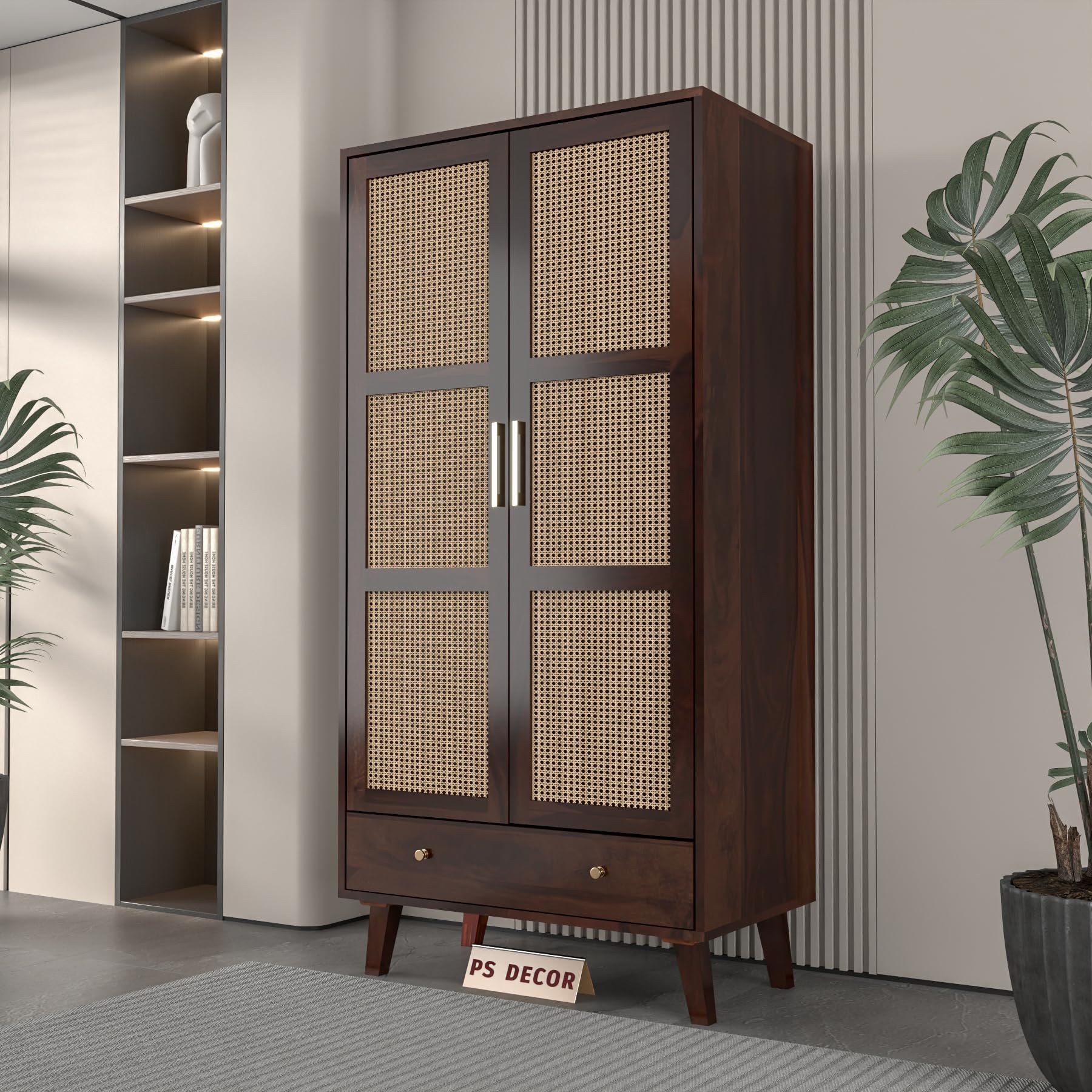PS DECOR Solid Sheesham Wood Wardrobe with Cane Rattan Doors | Modern Wooden Storage Almirah with Drawer | 2 Door Clothes Cabinet for Bedroom & Living Room (Walnut Finish)-image-43