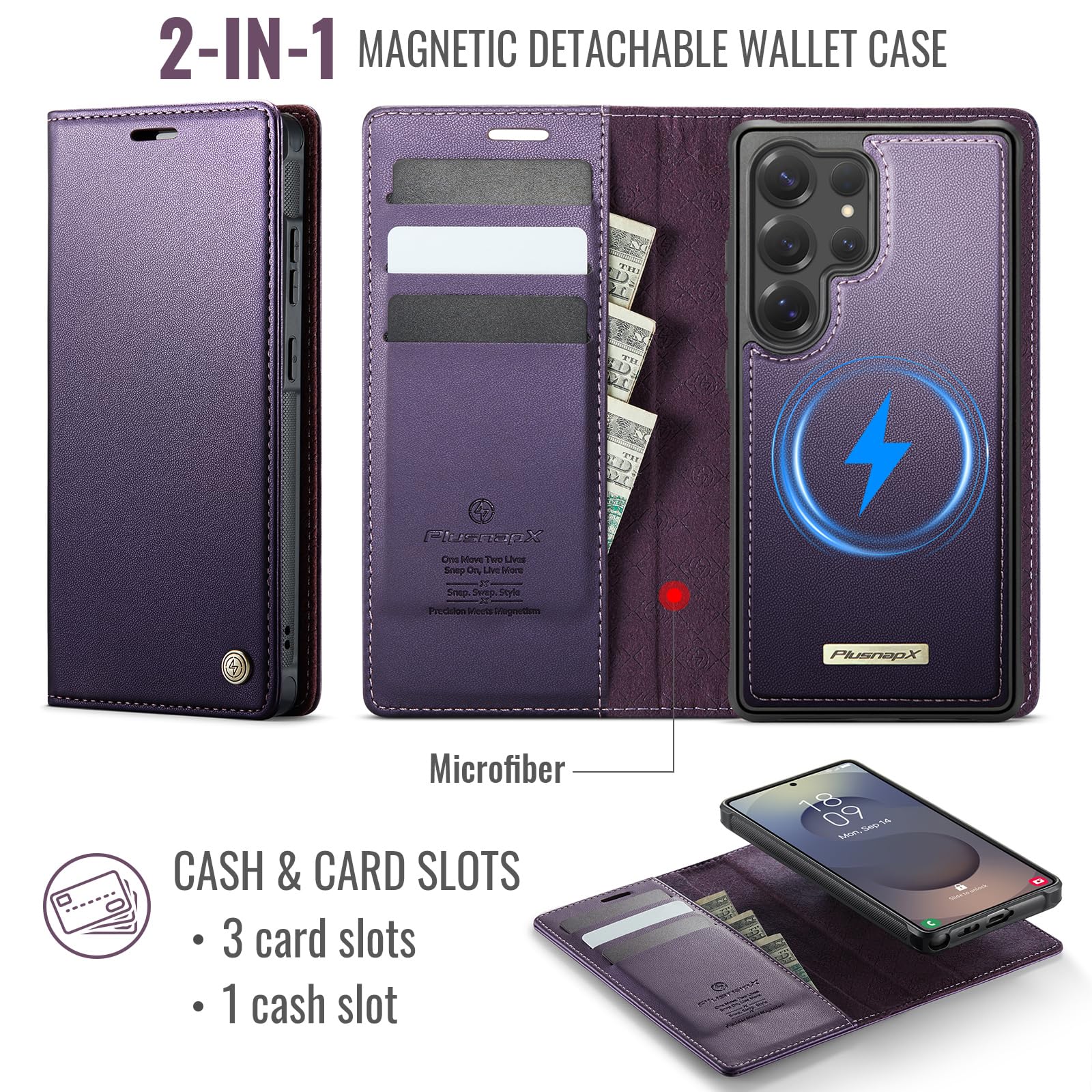 Funda tipo cartera para Samsung Galaxy S25 Ultra compatible con Magsafe, 2 en 1, de piel sintética, con bloqueo RFID, tarjetero, a prueba de golpes, magnética, desmontable, para Galaxy S25
