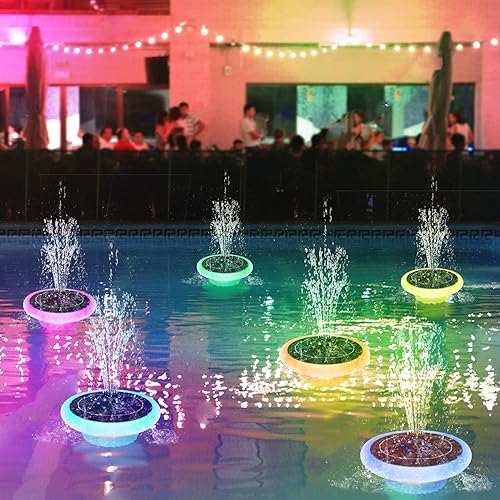 Fuente solar con luces LED, fuentes de agua multicolores con energía solar, fuentes flotantes para baño de pájaros con 6 boquillas para estanques al