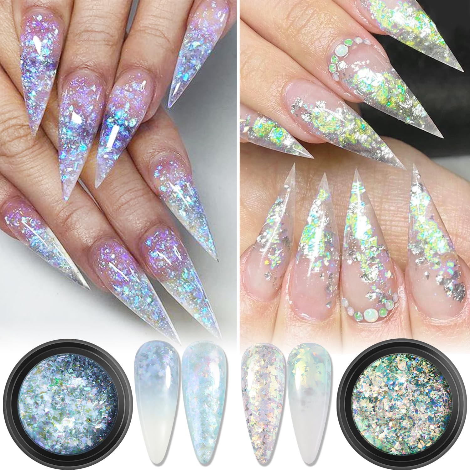 Fcozpjk Chrom-Nagelpulver-Set, 24 Farben, Spiegeleffekt, Gold, Silber, Chrom, Glitzerpulver, weiße Perle, Chrompulver, schillerndes Pigment für Nägel, Opalflocken, Blattgold für Nagelkunst-Dekoration