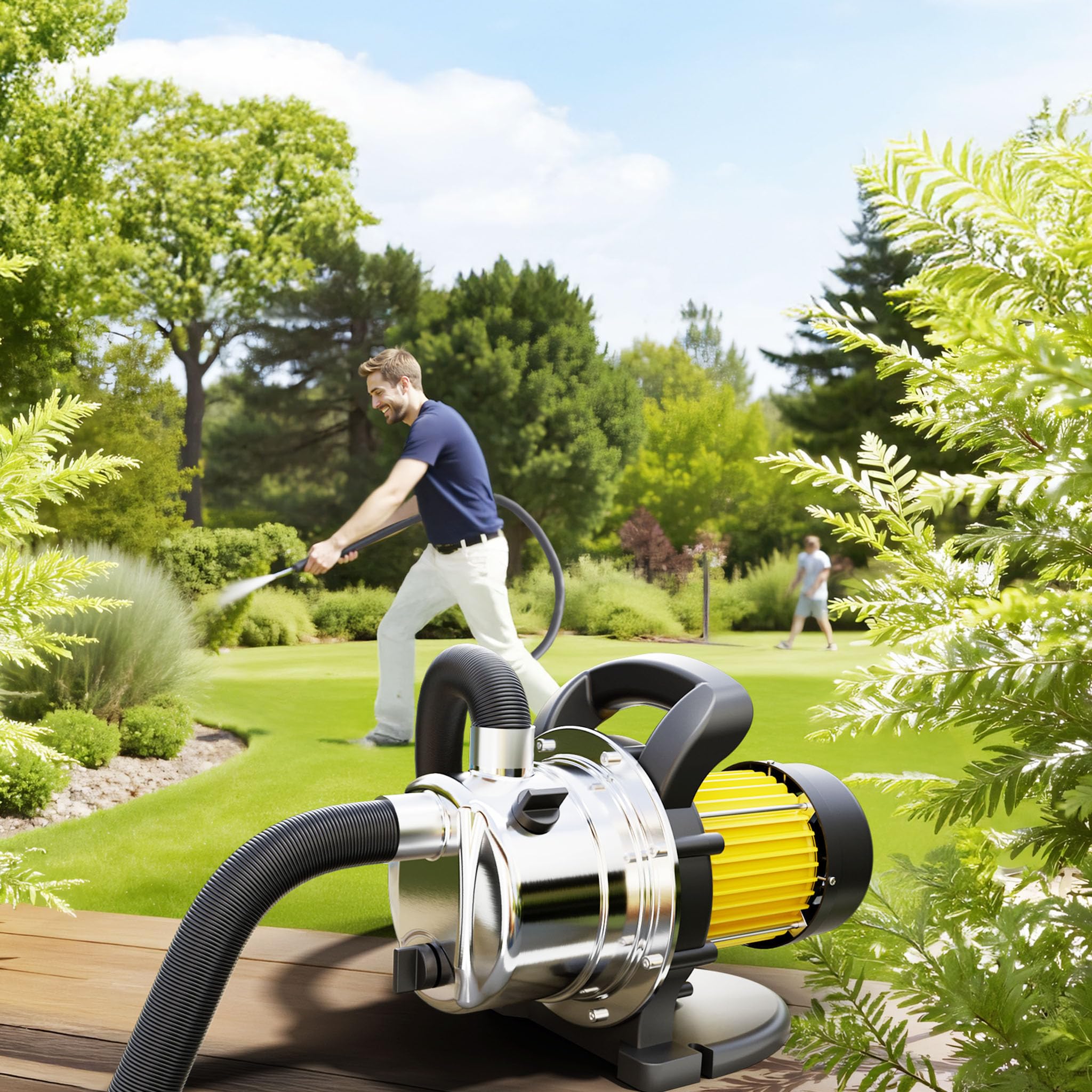 Wiltec Pompe de jardin – 3800 l/h / 1200 W – Hauteur de débit 48 m – en Acier fin – pour Eau douce de puits – avec Poignée de transport & Vis de purge
