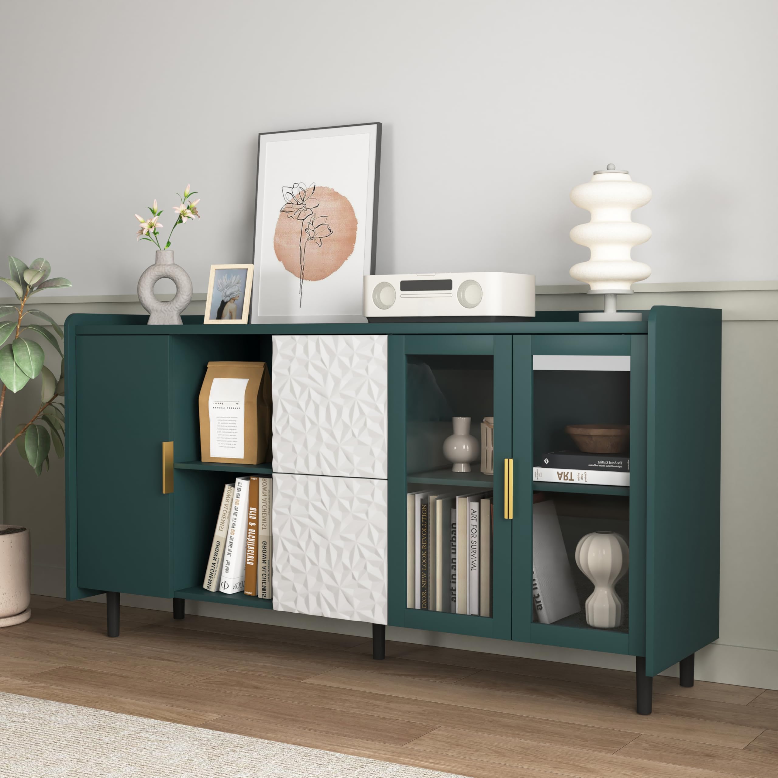Credenza Cucina 150 Cm Con 2 Ante In Vetro 2 Cassetti 2 Vani Aperti Coffee Bar In MDF Piano Grande Per Elettrodomestici Mobile Cucina Dispensa Per Cucina E Soggiorno