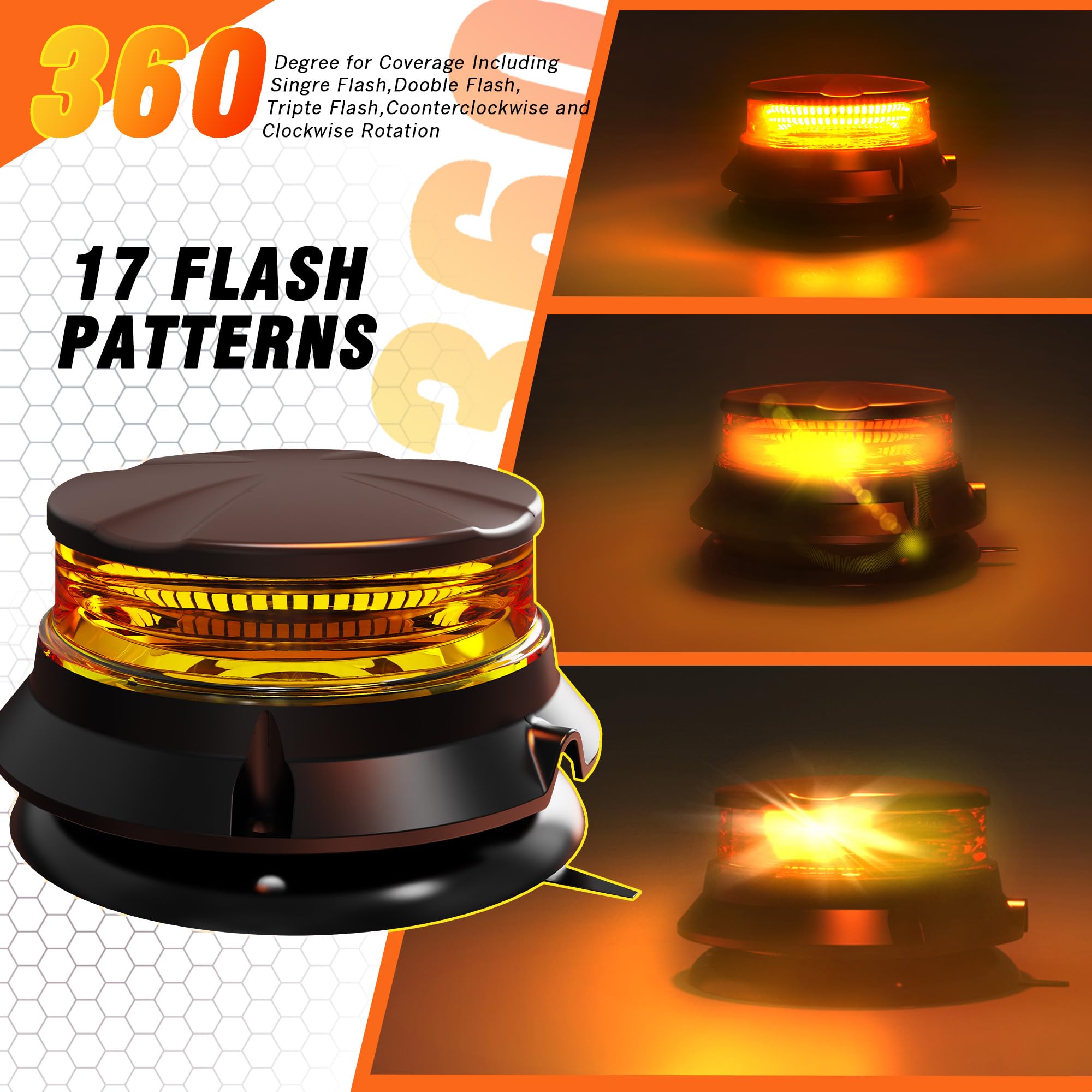 WINECO Luces estroboscópicas LED ámbar, advertencia de seguridad, peligro de emergencia, luces intermitentes giratorias para carretilla elevadora, tractor, carritos de golf, ATV, coche postal, base