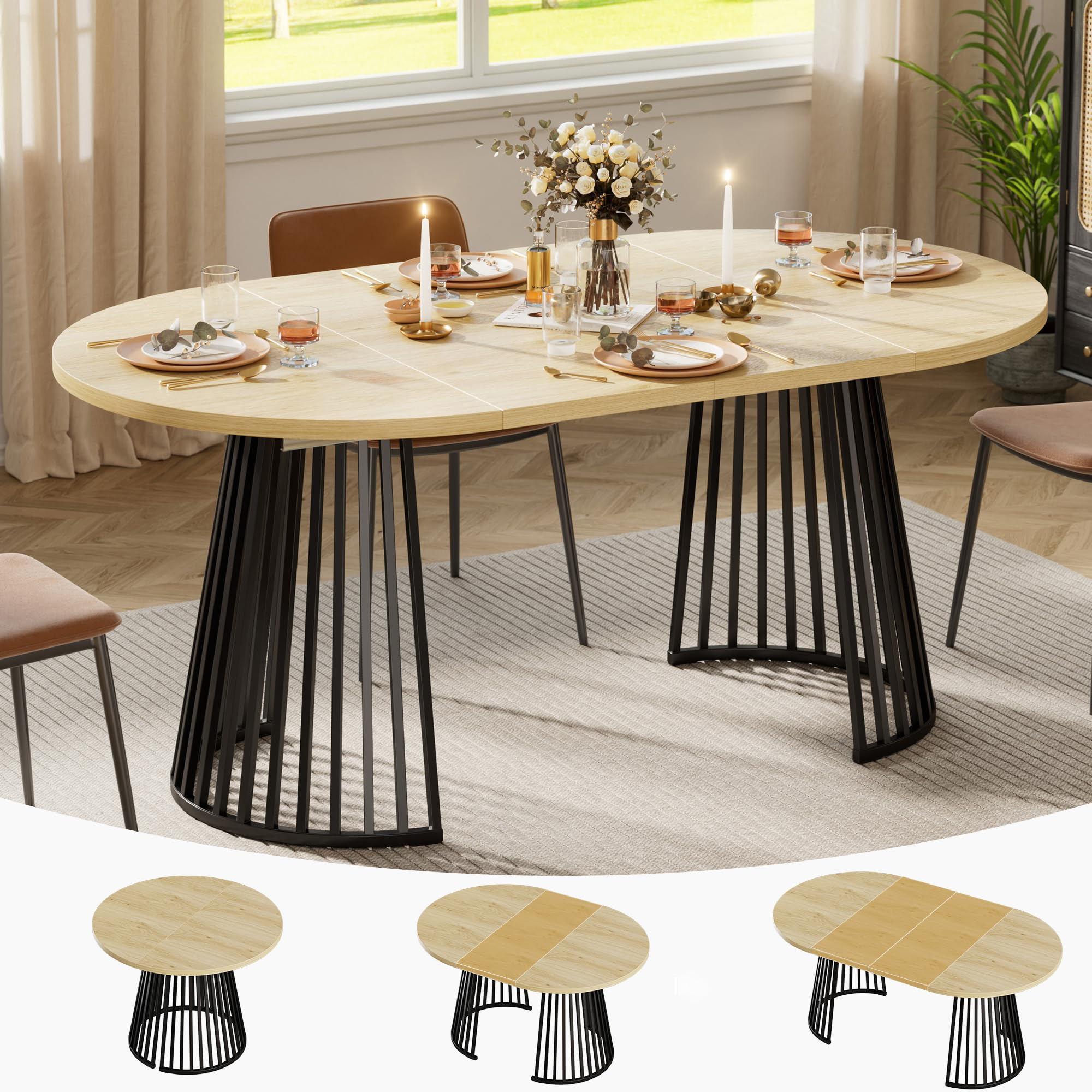 Tavolo Allungabile Ovale,Tavolo da Pranzo Rotondo Allungabile Adatto per 4-8 Persone,Tavolo da Pranzo Rotondo in Legno con Gambe in Metallo per Cucina o Soggiorno,100-180x100x75CM,Spedito in 2 Pacchi