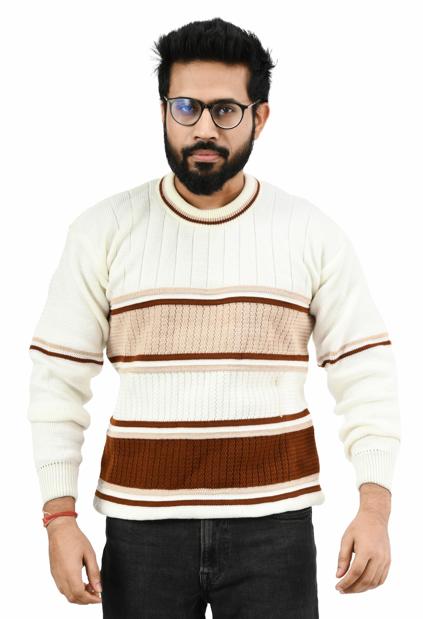 manra Men Round Neck Wide Stripe Full Sleeve Woolen Winter Pullover Sweater_ (Men Round Neck Sweater/Size 38-40) Dark Brown-picture-55
