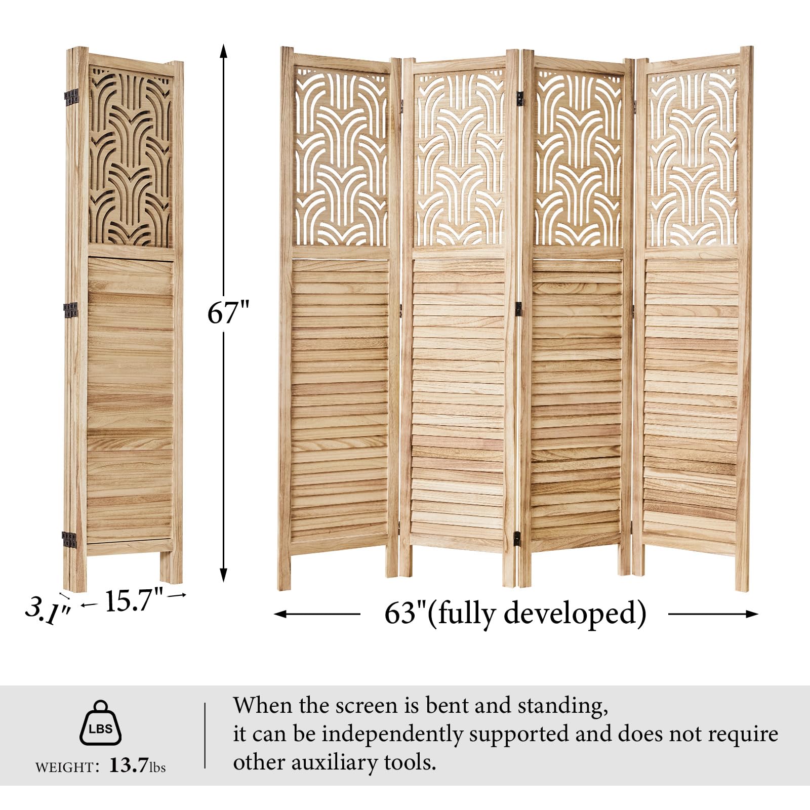 Folding Room Divider, 66.9 Inch 4 Panels Wood Carved Privacy Screens, Free Assembled Freestanding Portable Separation Wall for Home Office Bedroom (Natural)