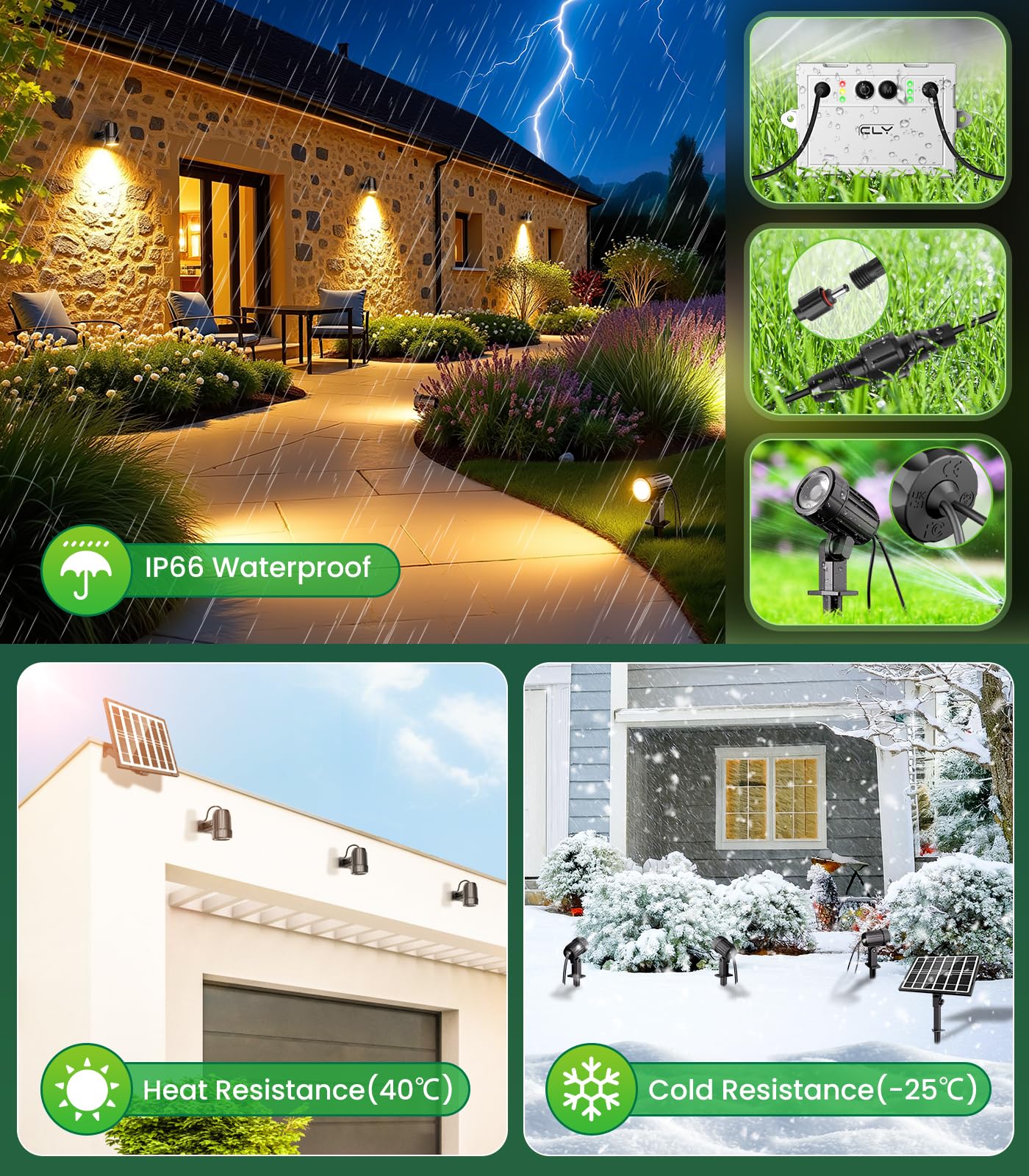 CLY Faretti Solari a LED da Esterno, Bianco Caldo Faretto Solare da Giardino 2 Modalità Dinamiche Luci Solari da Giardino 3 Luminosità 5000mAh Memoria Luce Solare LED Esterno Impermeabili IP66 3 in 1