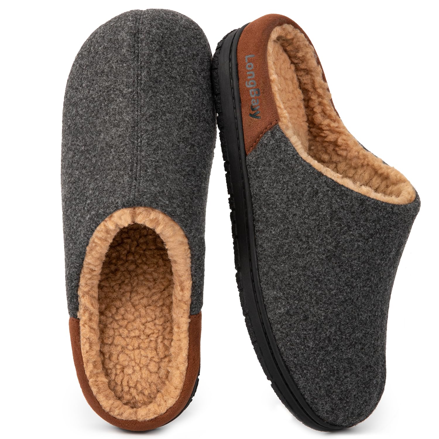 LongBay Herren Warme Winter Hausschuhe mit Memory Foam und Sherpa Futter | Weiches Sherpa Futter, Rutschfeste Gummisohle, Slip on, Warm für Winter, Ideal für Wohnzimmer und Hof, Geschenk