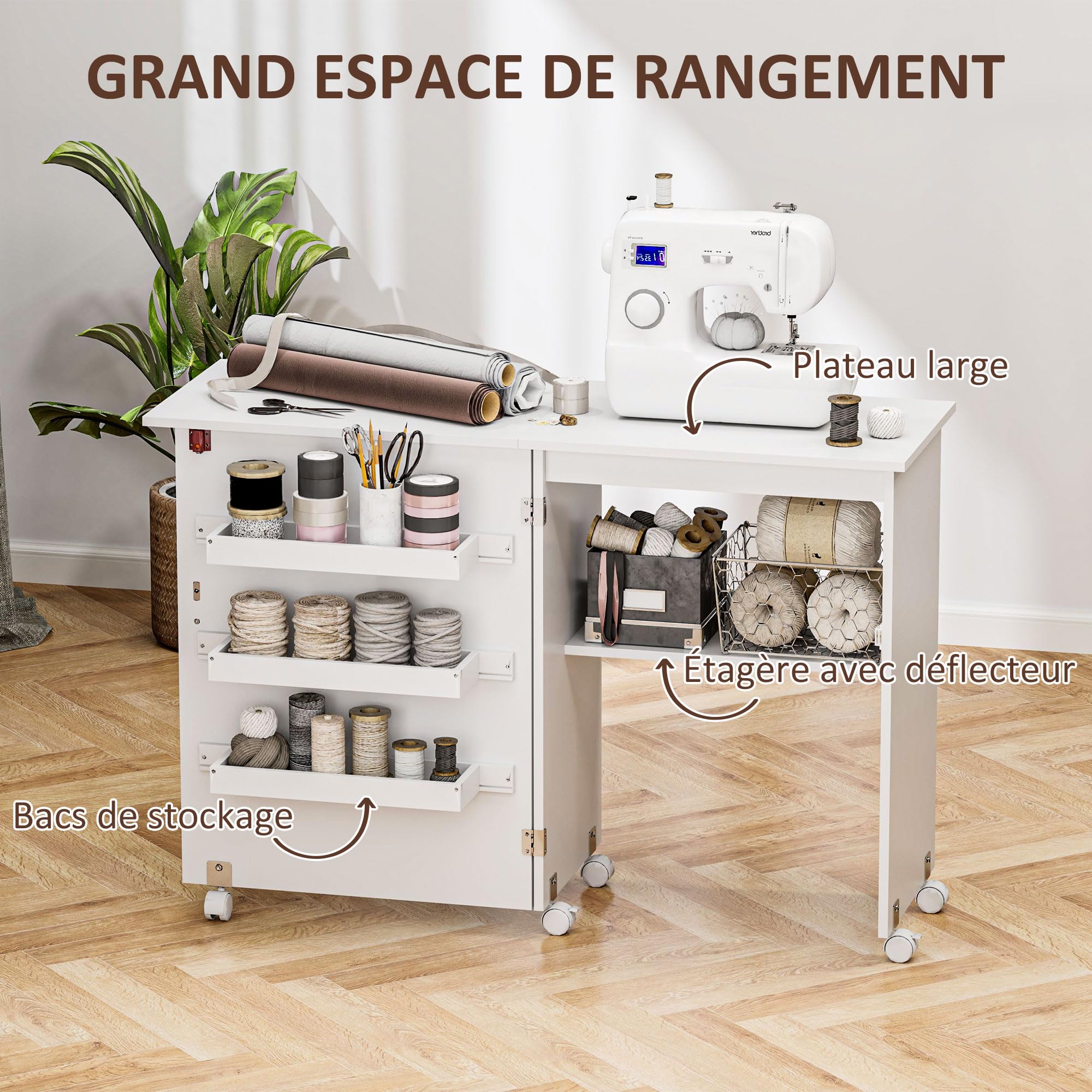 HOMCOM Nähtisch klappbar Nähmöbel mit Klappe mit Ablagefächern, offenem Regal und Rollen, Nähmaschinenmöbel, für Wohnzimmer, Büro, Studio, ABM. 118 x 40 x 79,5 cm, weiß