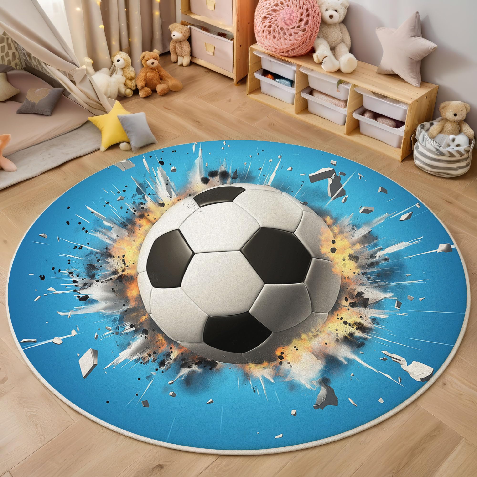 Tapis rond football explosif 160cm bleu pour chambre de garçon