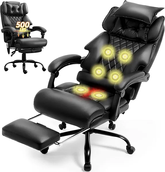 Massage Office Chair with Foot Rest,6 Points Vibration & Heat Executive Office Chairs,Big and Tall Leather Office Chair 500LBS,Ergonomic Desk Chair for Heavy People,Recliner with Dual-Use Pillow,Black