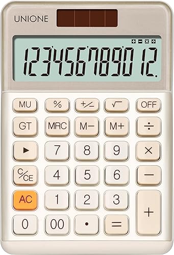 UNIONE Calculadora con una pantalla LCD brillante, escritorio portátil de doble alimentación. Color. Negocios, oficina, escuela secundaria (marfil)