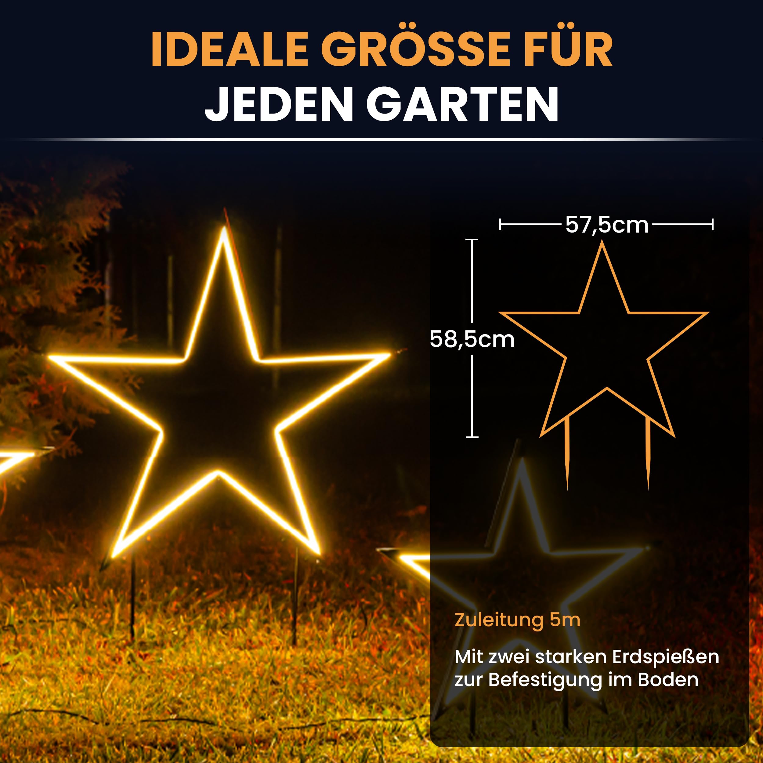 Gartenpirat Gartenstern mit Erdspieß Höhe 70 cm Neonlichtband warmweiß 240 LED Weihnachtsbeleuchtung Gartenstecker Stern außen