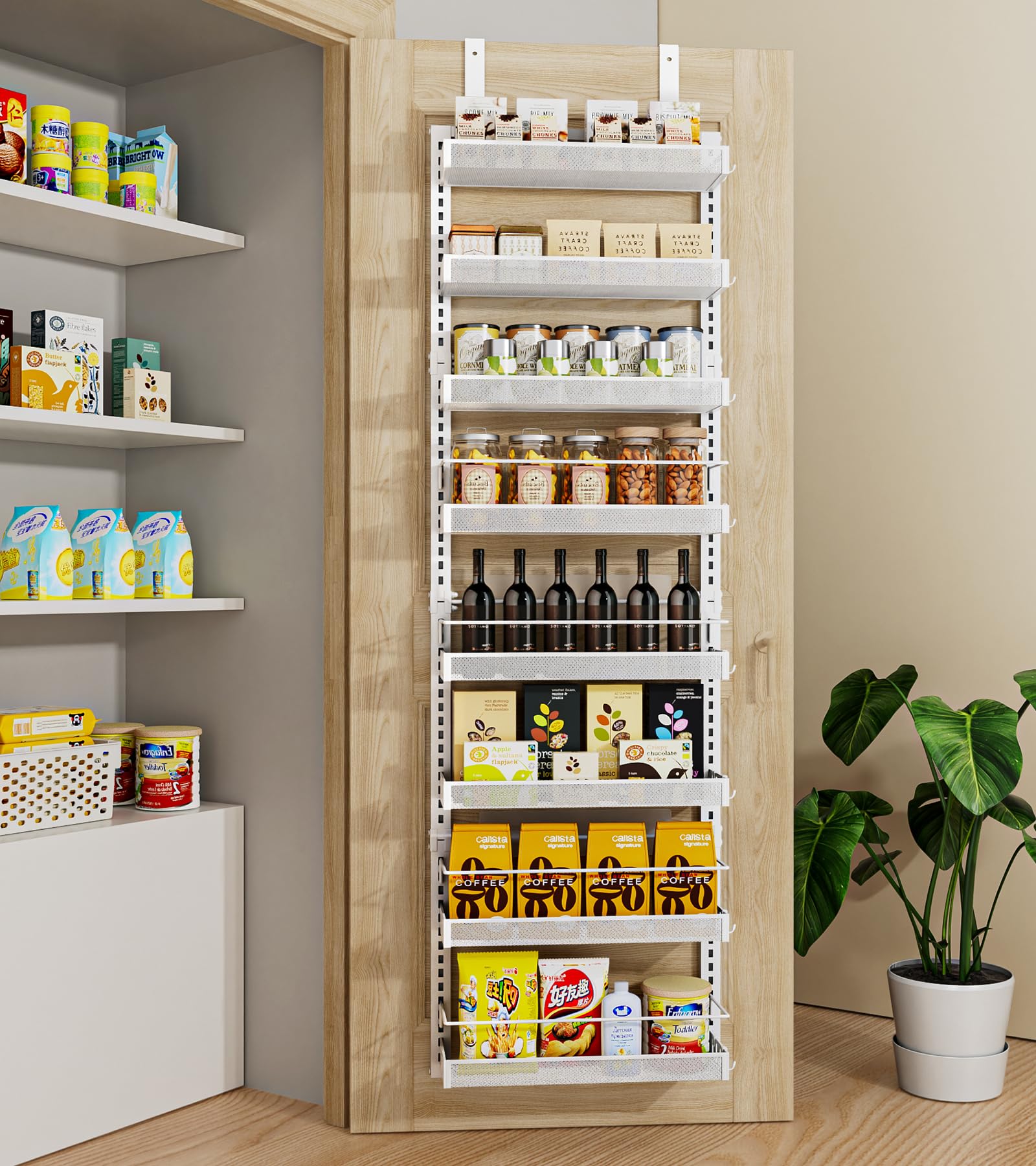 GDO Over the Door Organizer Pantry, Back of Door Pantry Organizer Metal, 8-Tier Pantry Over the Door Organizer, Narrow Pantry Door Organizer White-Over Door Spice Rack