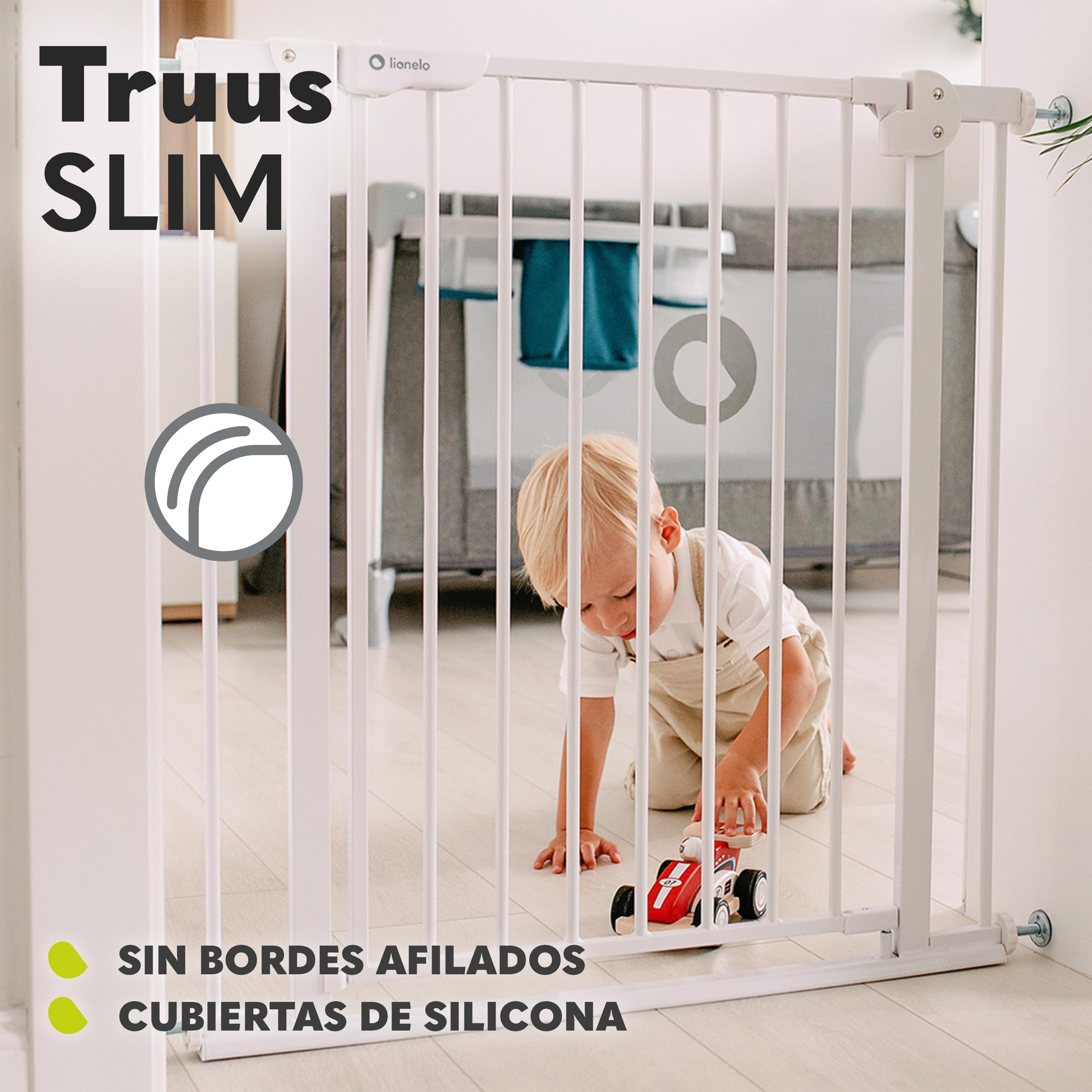 LIONELO Truus Slim - Rejilla de protección para escaleras, sin taladrar, Rejilla Protectora para Puerta, Rejilla para Puerta para bebé, Metal, Ancho de 75 a 105 cm, Ajustable