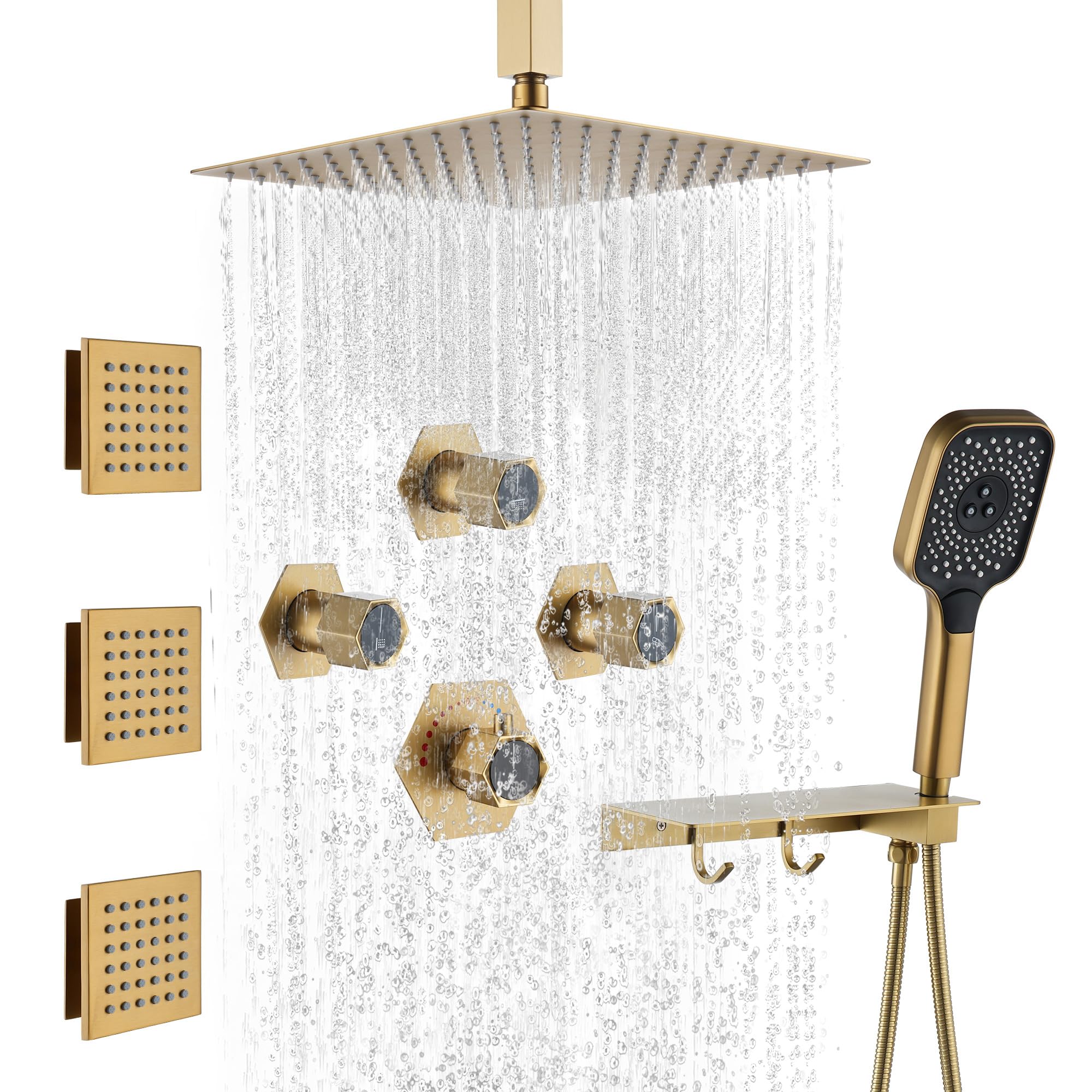 MONDAWE Shower System with Body Jets, 12 Inch Thermostatic Rain Shower System Ceiling Mount, Full Body Spray Shower Jets System with a Shelf, Towel Hooks - Brushed Gold