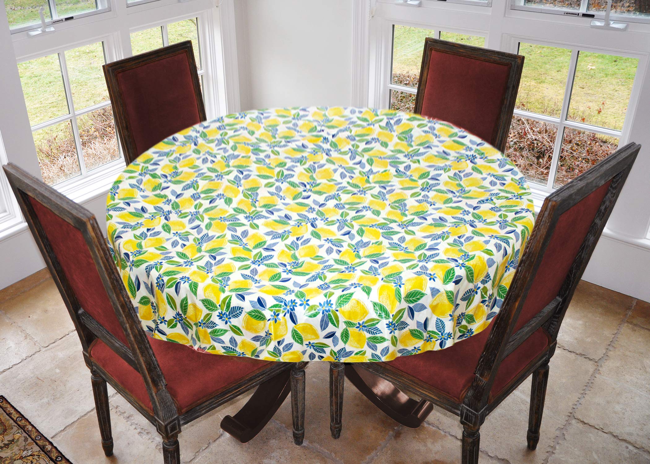 Covers For The Home Deluxe Stitched Edged Flannel Backed Vinyl Drop Tablecloth - Contemporary Lemon Pattern - 70" Round