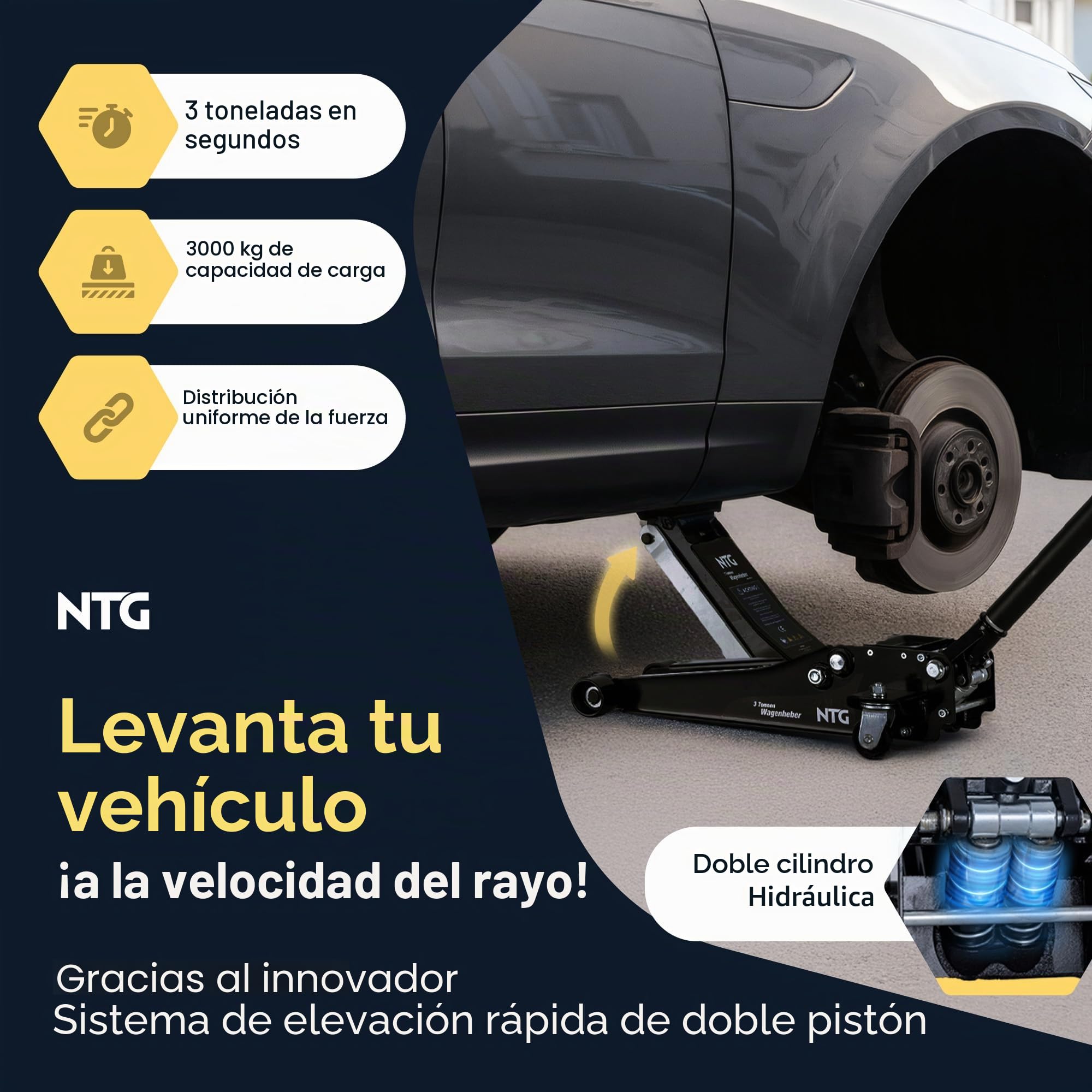 NTG Gato hidráulico hidráulico 3T, capacidad de carga 85 – 485 mm, gato hidráulico con 2 almohadillas de goma para SUV y coches bajos, pistón doble 3000 kg para coche, taller, con bandeja magnética y