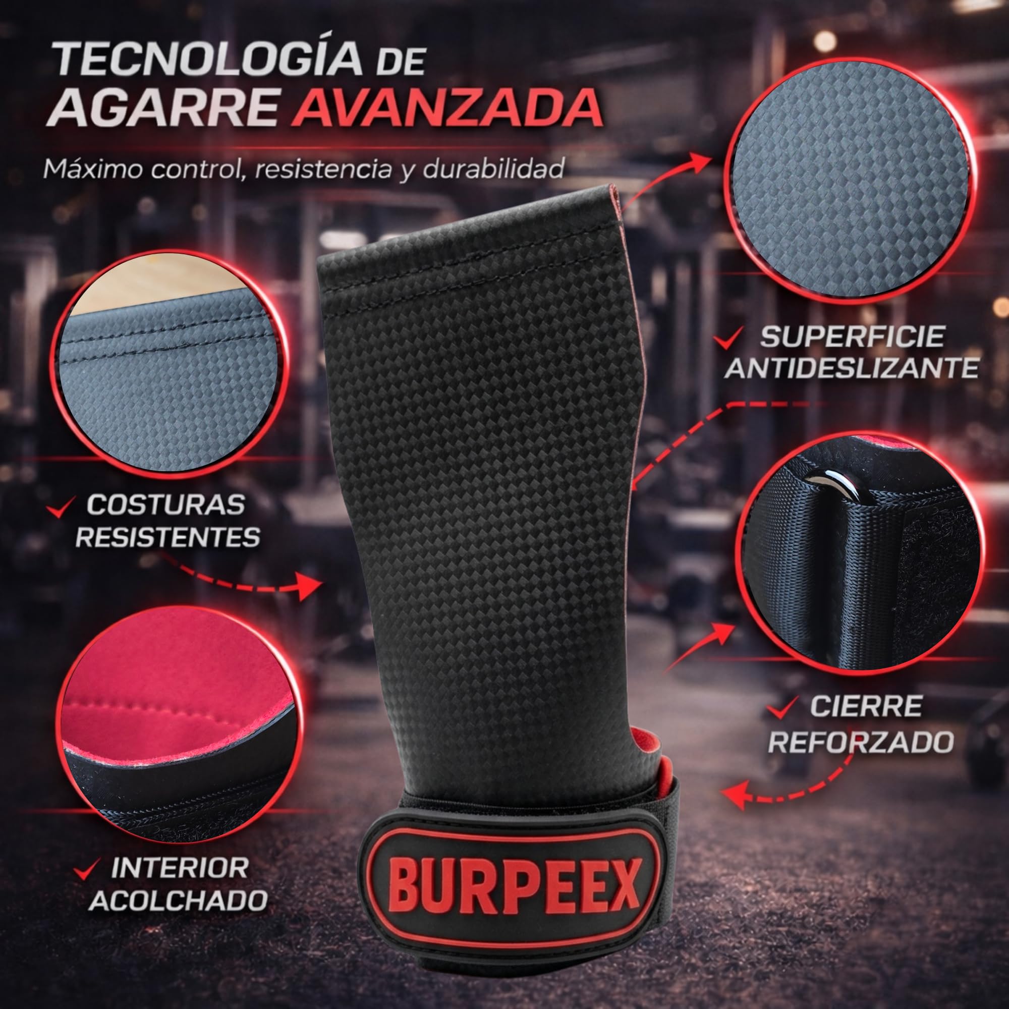 BURPEEX - Calleras Crossfit con Muñequeras y Bolsa de Transporte – Agarre Antideslizante y Protección de Manos para Dominadas, Halterofilia, Calistenia y WOD Intensos - 4
