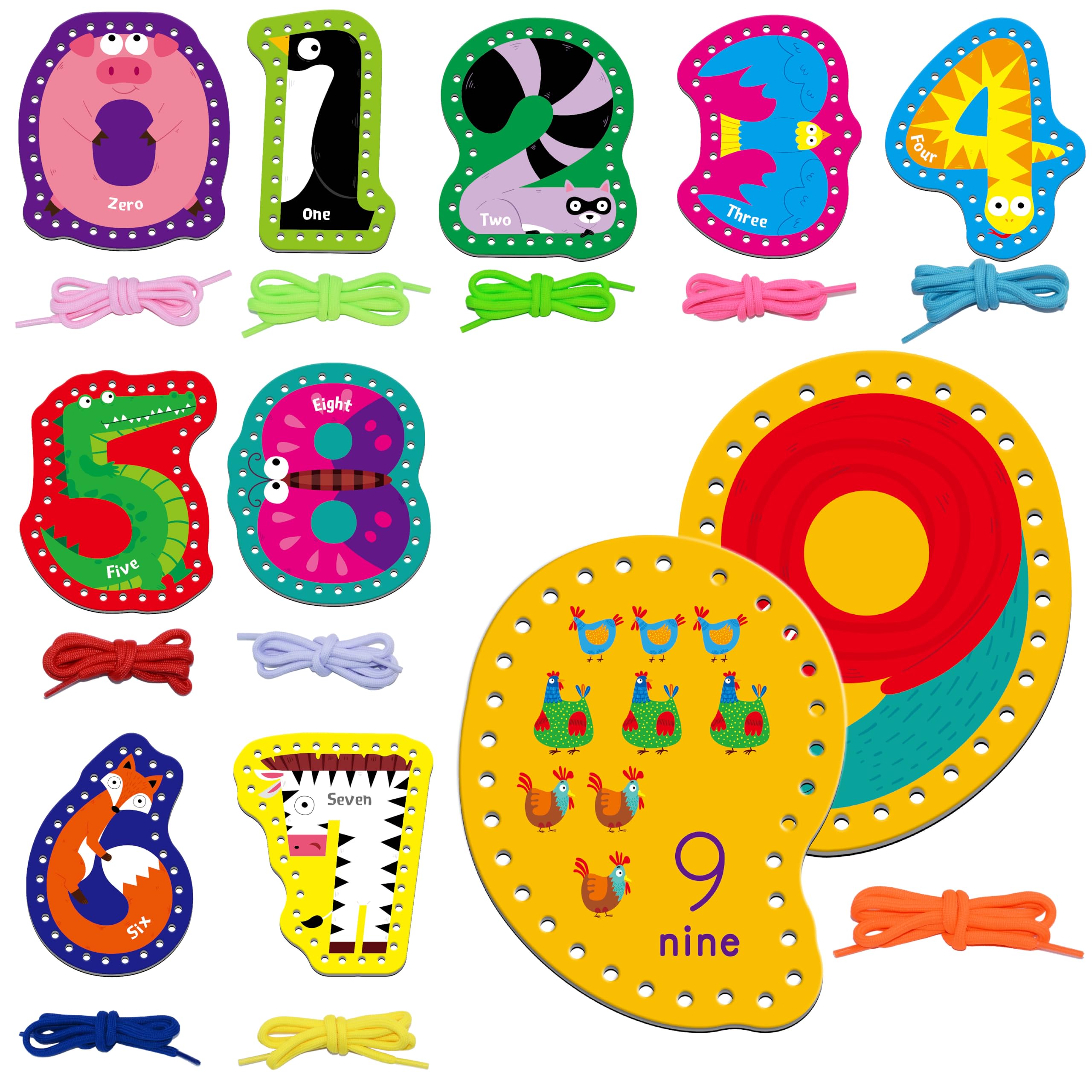 10 Pieces Number Lacing Cards, 0-9 Double Sided Sewing Cards with 10 Colorful Laces, Imagination Development Lacing Toys Games for Children Educational and Learning Activity