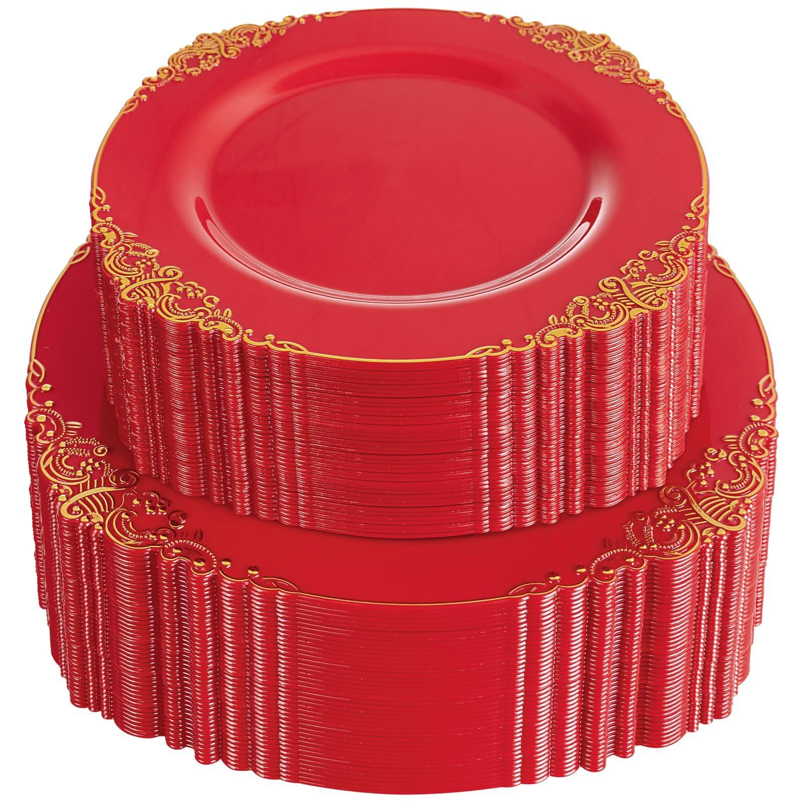 102PCS Red and Gold Plastic Plates - Red Plates Disposable - Vintage Plastic Plate with Gold Rim Include 51PCS Dessert & 51PCS Dinner Plate Perfect for & Weddings & Christmas Parties