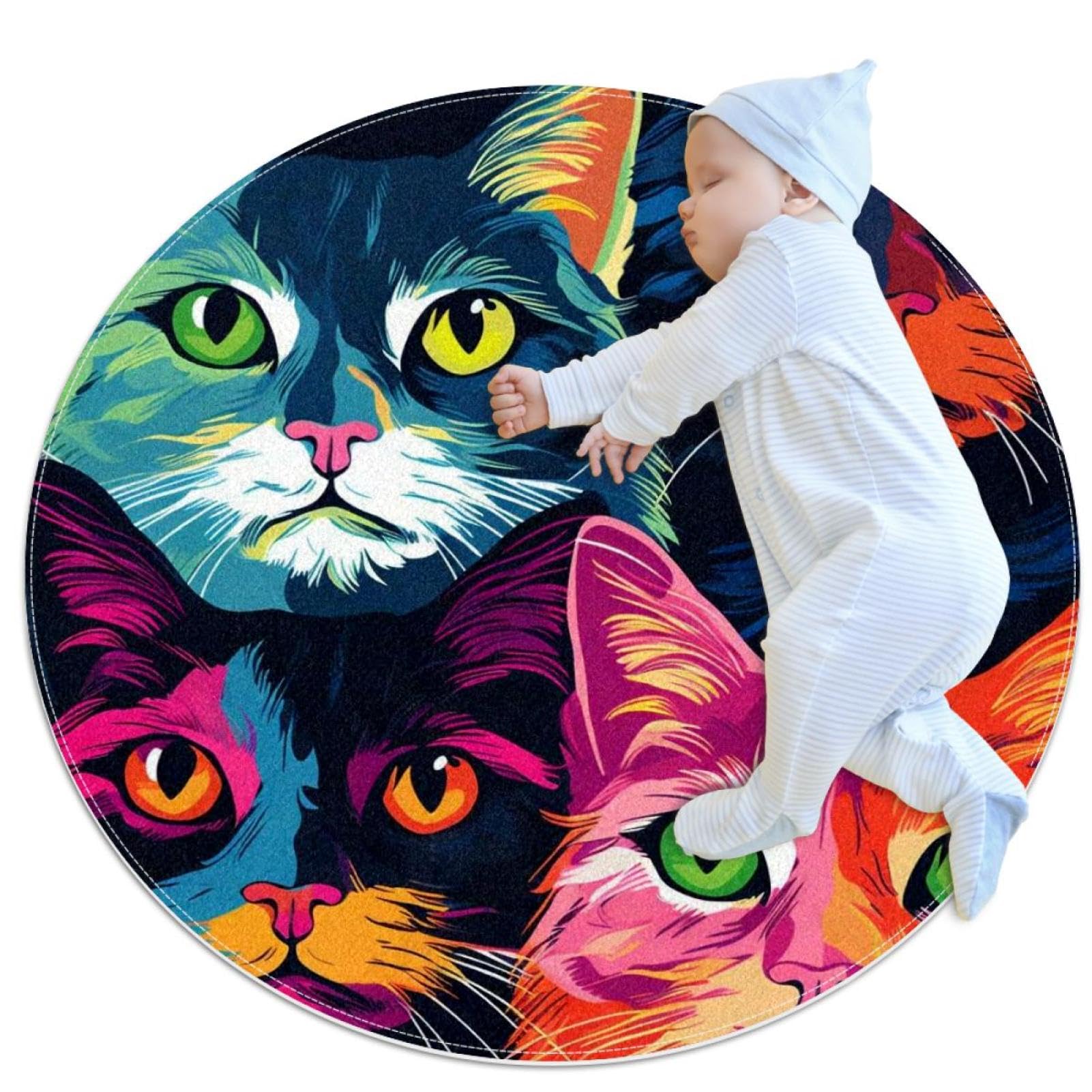 Tapis de salle de bain rond plumes de paon et chats chambre