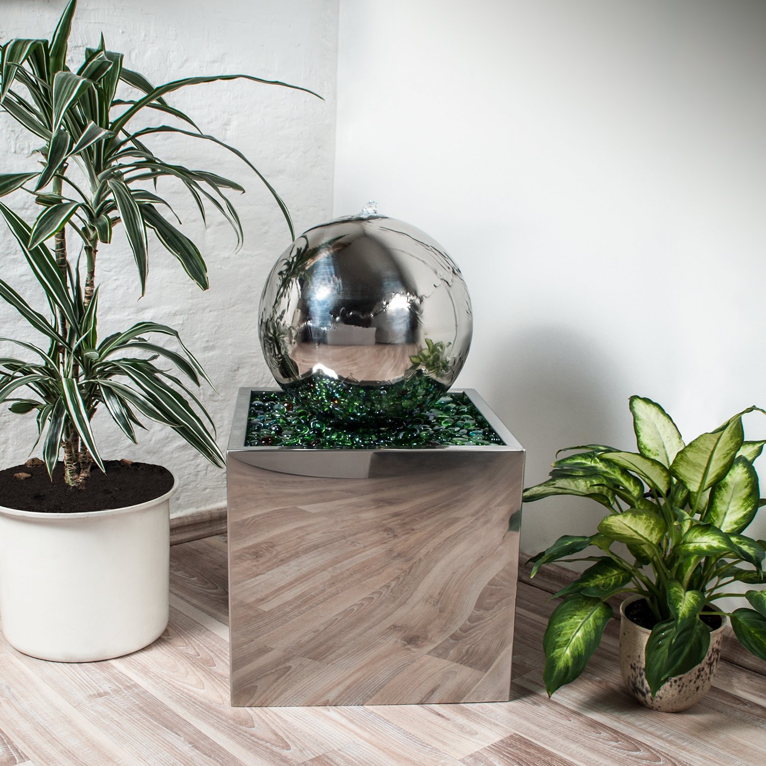 Köhko® Springbrunnen Ø 28 cm mit LED-Beleuchtung in eckigen Edelstahlbecken hochglanzpoliert 21015 Gartenbrunnen aus Edelstahl