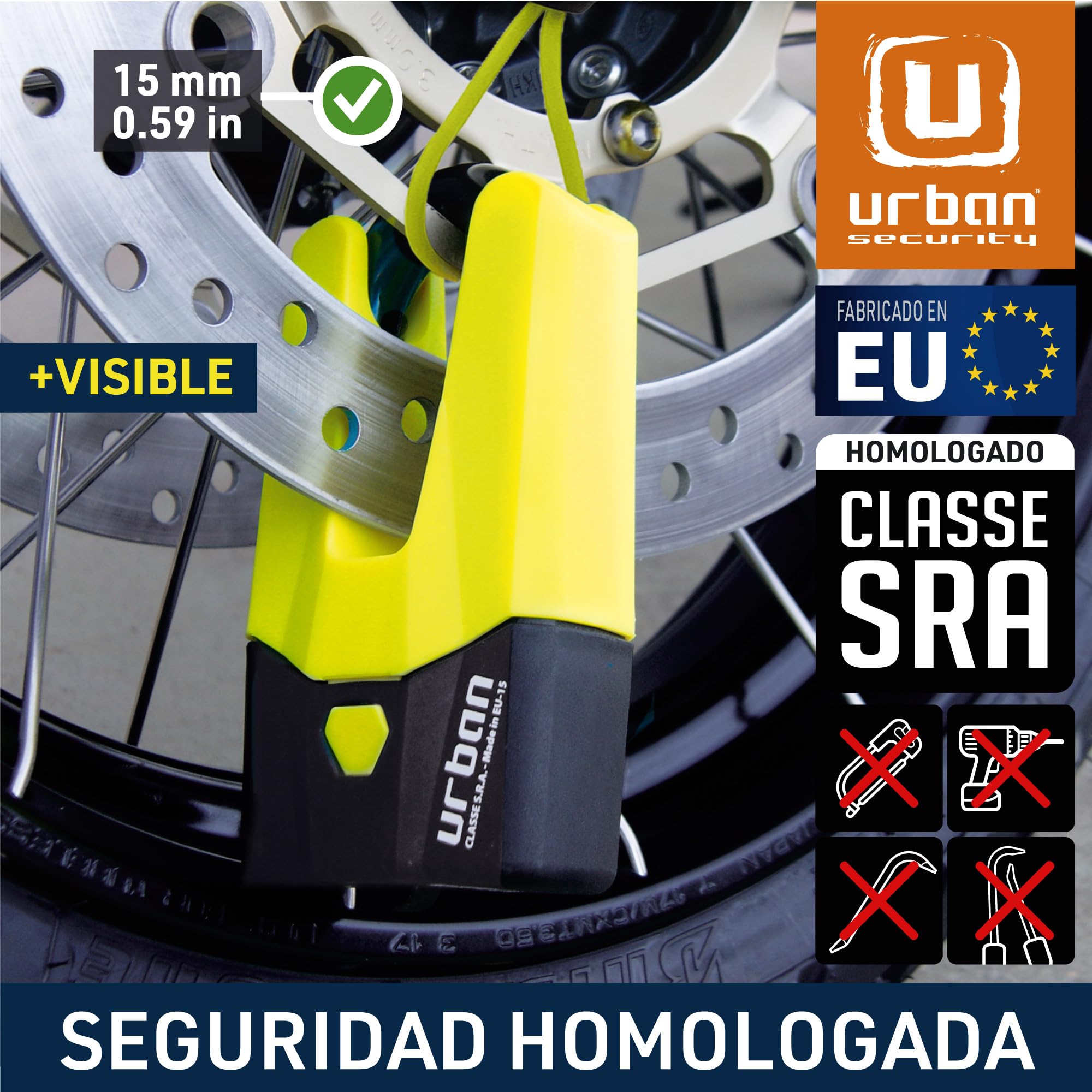 URBAN U9DY Candado Moto Disco Mini U Homologado SRA, Máxima Seguridad Completamente Testado, Horquila ø15 Doble Cierre, Cerradura Alta Seguridad, Antirrobo Universal para Motocicleta Scooter Bicicleta