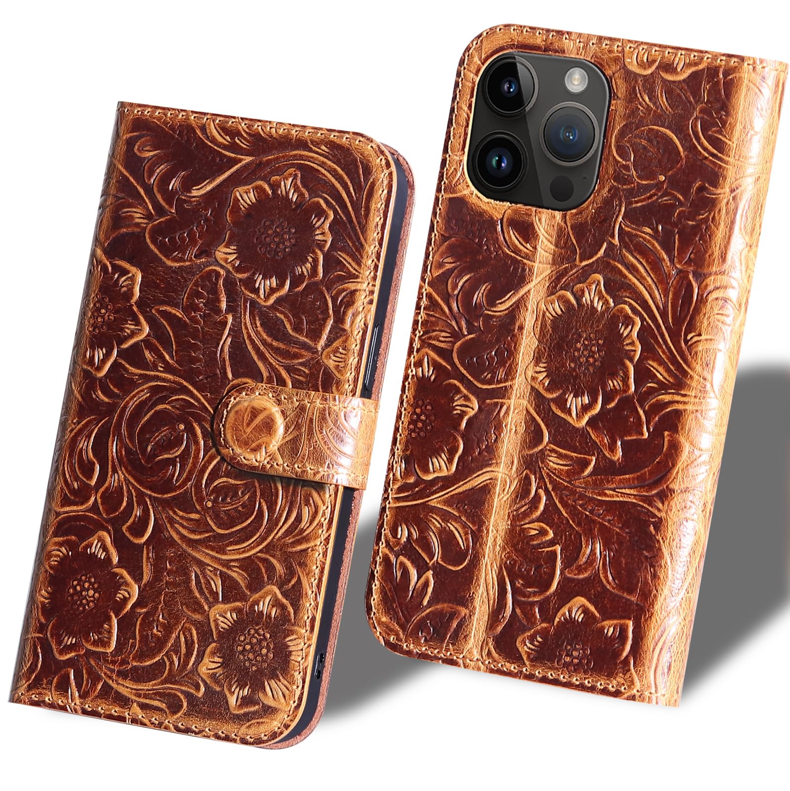 RMAWRAD Leather Case Compatible with iPhone 14 Pro Max Wallet 6.7 Inch,Genuine Leather Shockproof,Full Encirclement Protection Flip Folio Cover with