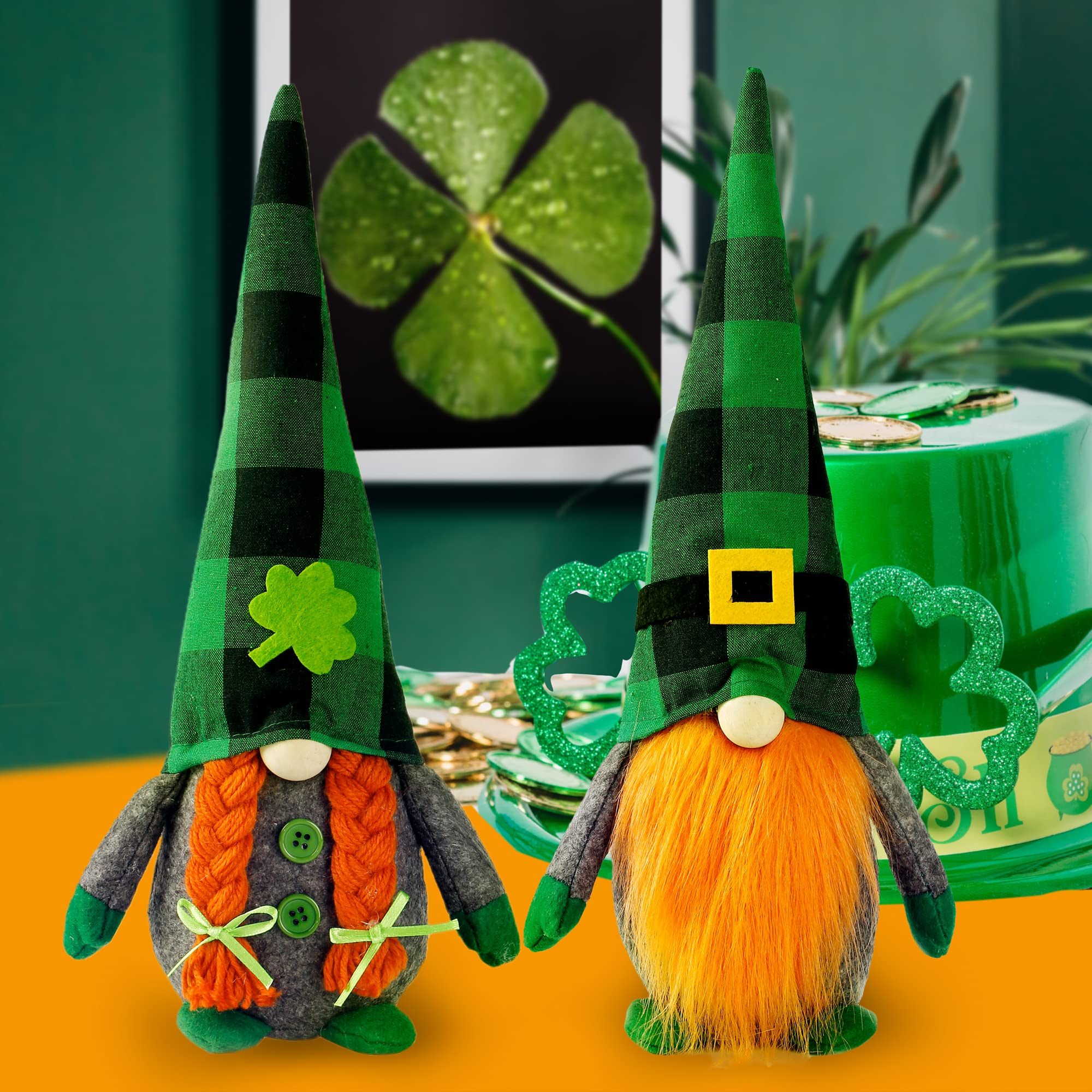 Sggvecsy2 Pack St.Patrick's Day Gnome Plush 13.8’’ Large Doll Green Irish Leprechaun Buffalo Plaid Decorations Scandinavian Swedish Tomte Nisse Shamrock Gnome for Dwarf Gift Ornament Home Decorations