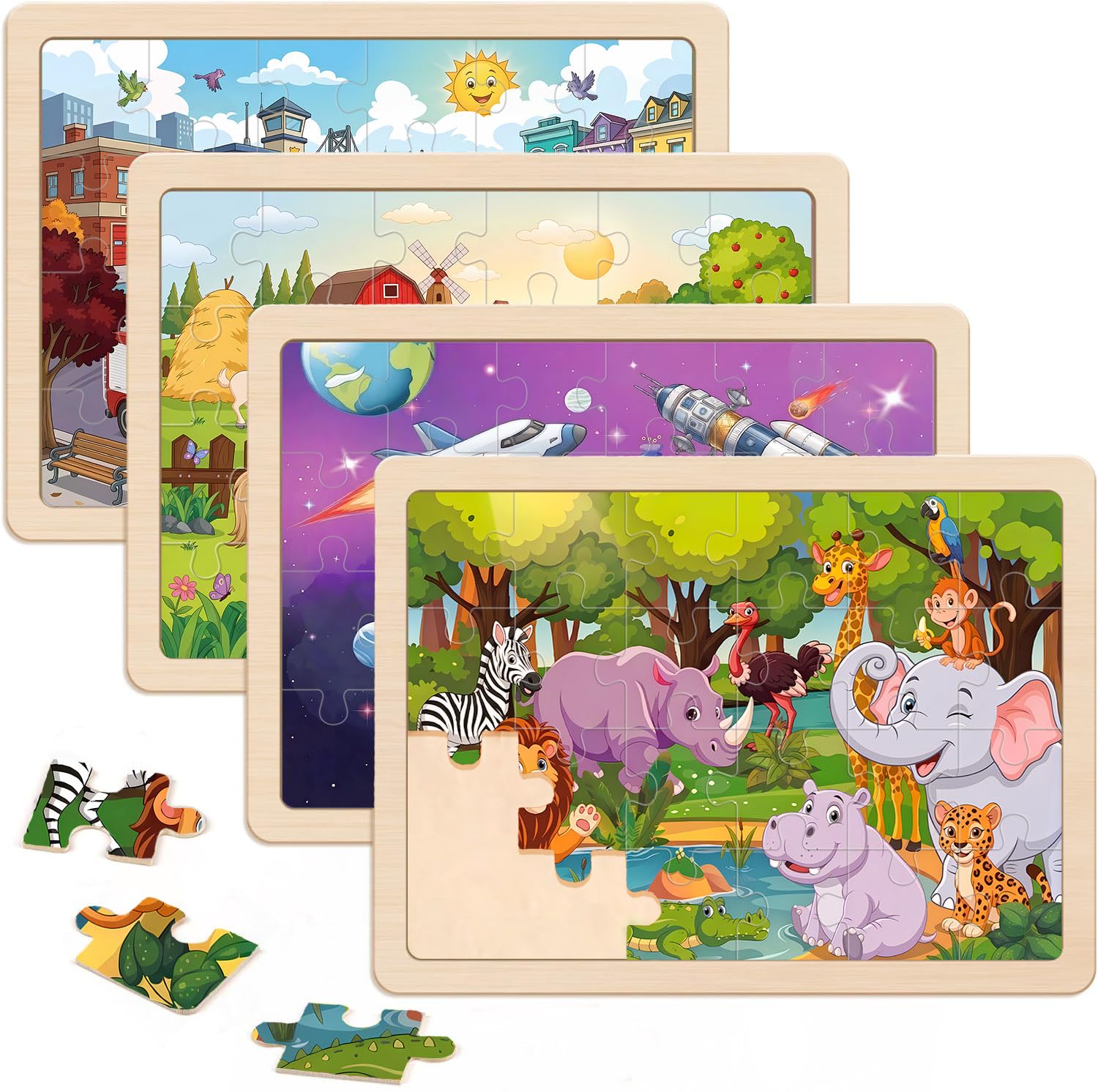 Puzzles for Kids Ages 4-6, 24 Pcs Wooden Farm, Animals, Space, and Emergency Vehicle Jigsaw Puzzles for Kids Ages 3-5, Preschool Educational Puzzles Boards Toys Gifts for 3 4 5 6 Boys Girls