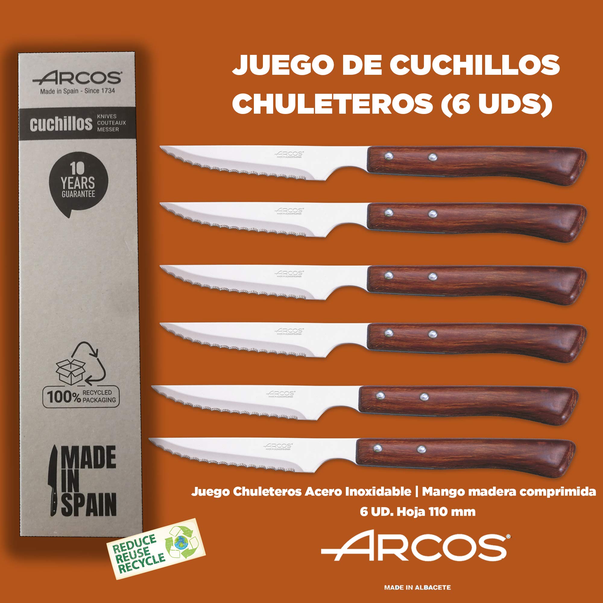 Arcos | cuchillos chuleteros cuchillo madera cuchillo chuletero | 6 Piezas | juego cuchillos carne | cuchillos mango madera | Envase Eco | Fabricado en España