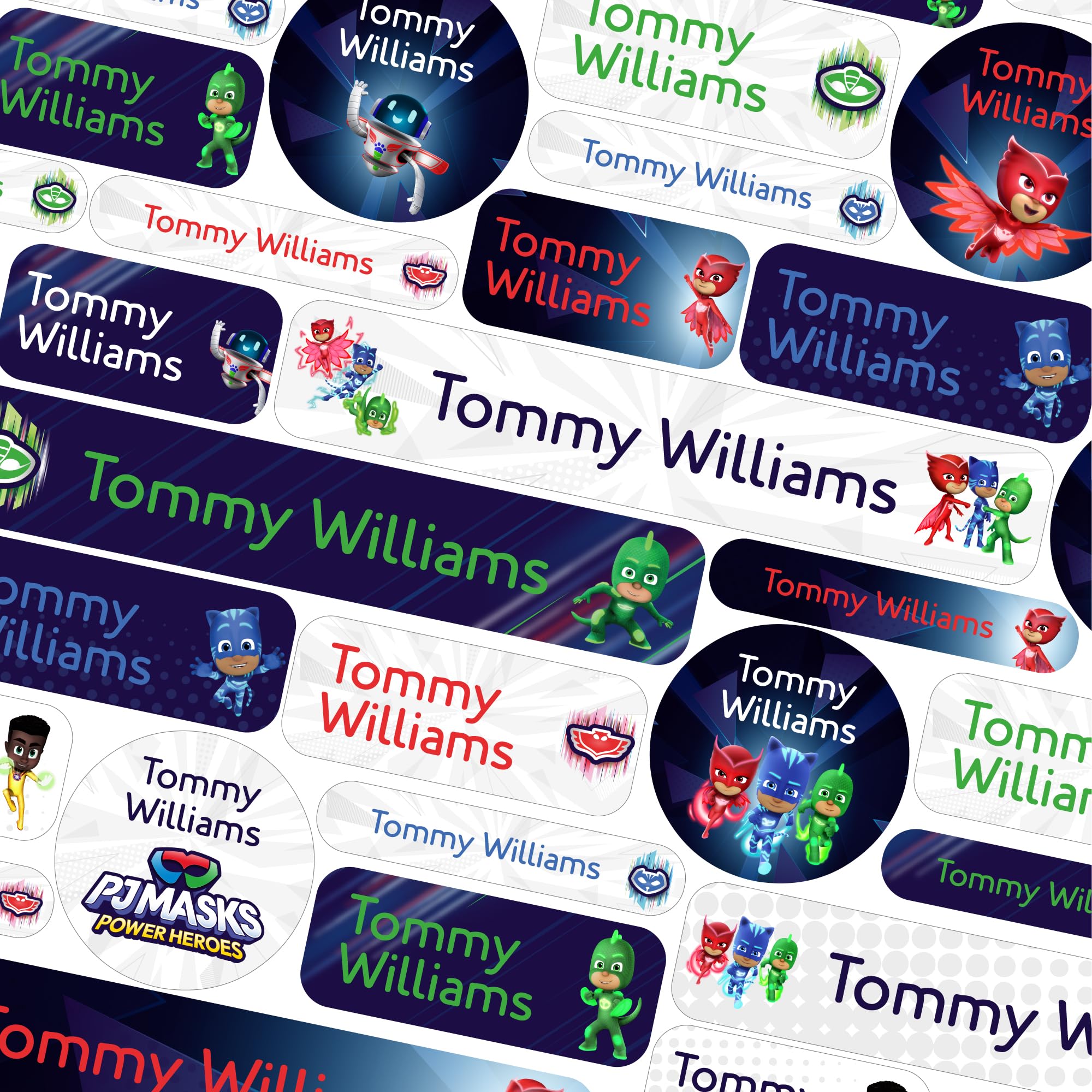 50 Name Labels for Kids No Iron Name Tags for Clothes Name Stickers for Water Bottles, School Uniform, School, Nursery, Care Homes, Washable and Dishwasher Safe for Children (PJ Masks)