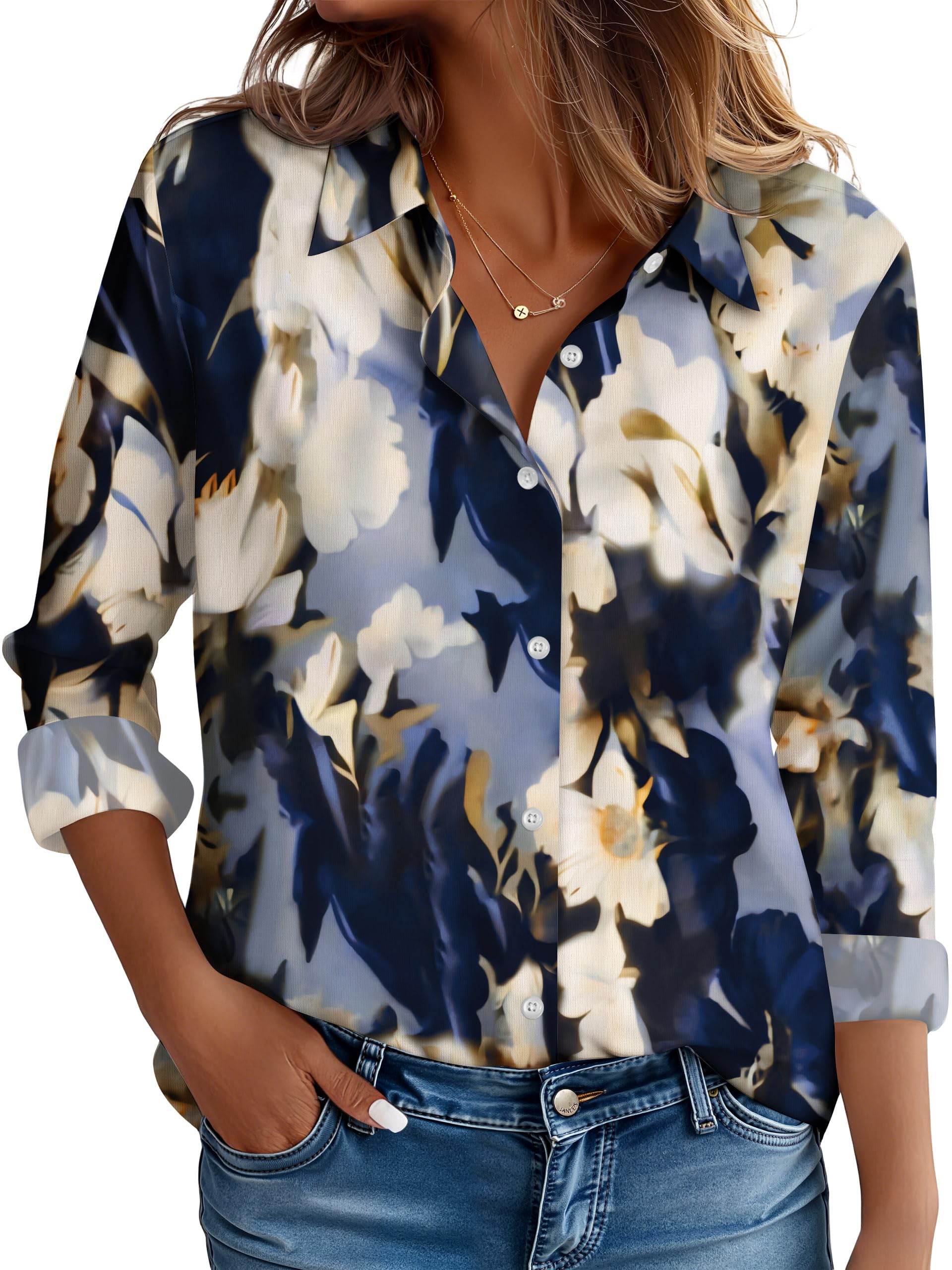 Photo 1 of Womens Floral Button Down Shirt Classy Tops Professional Fall Long Sleeve Tops Modal Wrinkle Free Stain Guard Elegant Shirt Stain Resistant Dark Blue Floral Size M