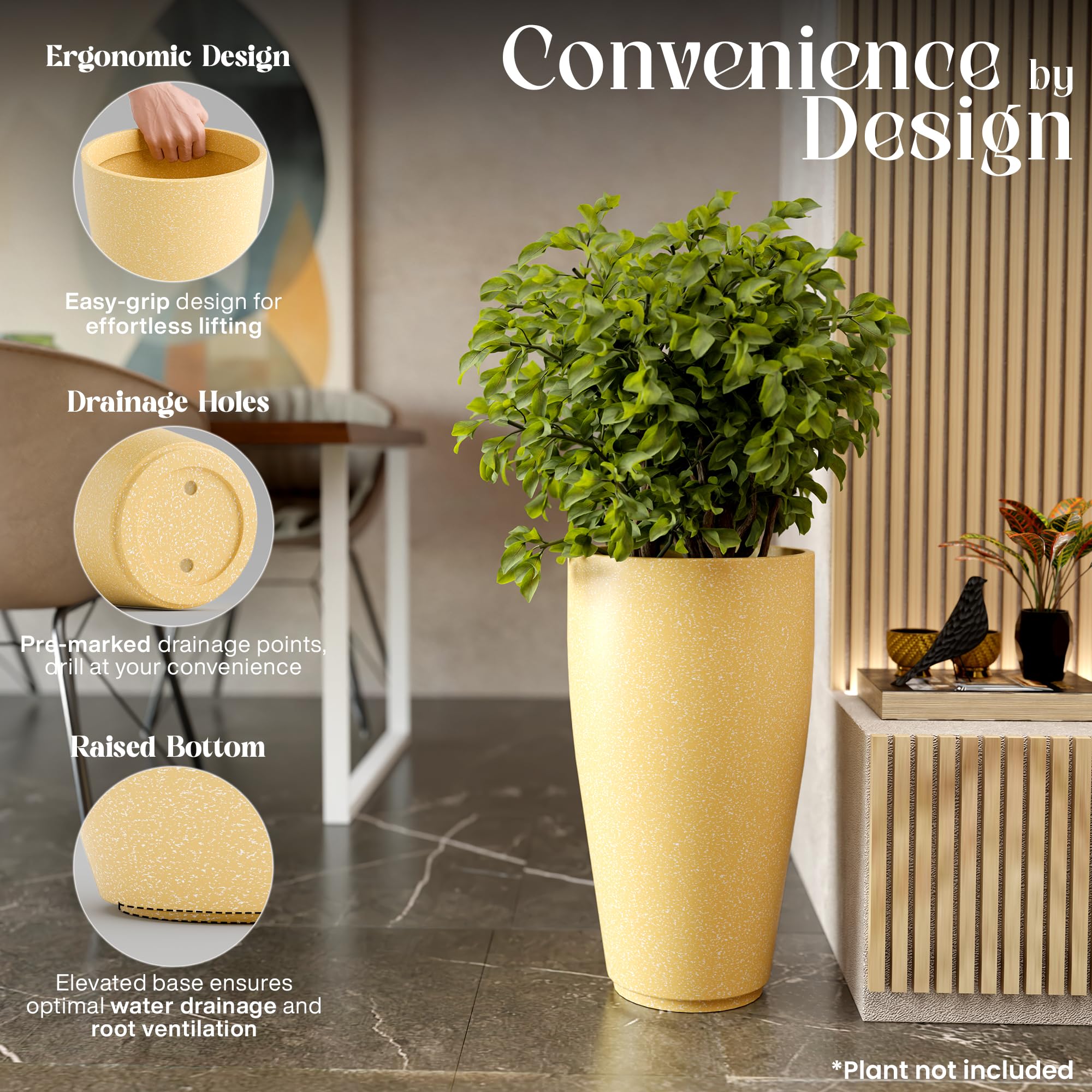 YUCCABE ITALIA FOXB VNR 18 INCH Pots for Plants Highly Durable Polymers Lightweight Indoor Outdoor Tall Flower Pot Gamla Tree Planter Container Planters for Living Room, Balcony,Garden, Beige 2