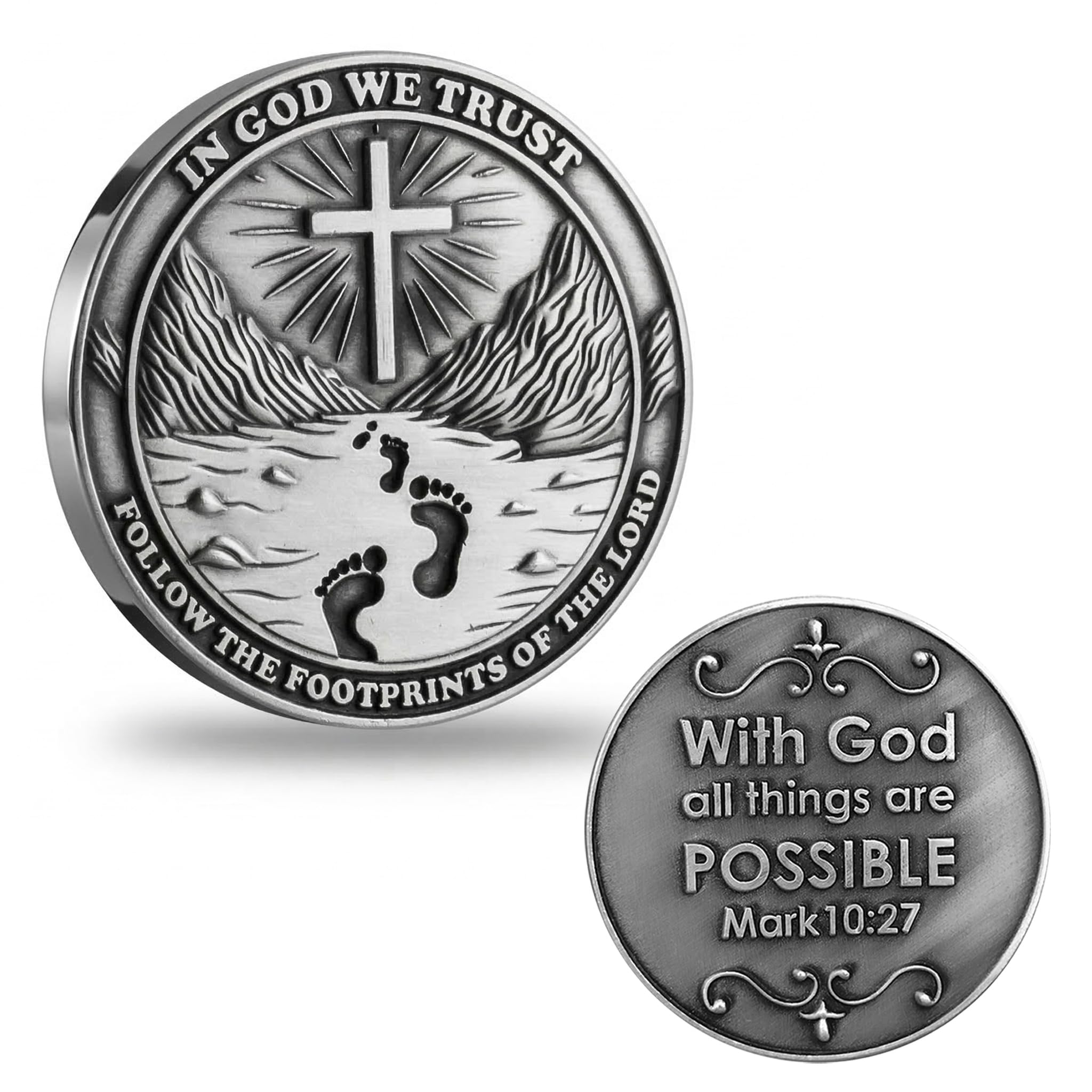 Christian Challenge Coin - Mark 10:27 "with God All Things are Possible - Substantial 0.18" Zinc Alloy, 1.57" Silver-Grey Faith Gift for Men, Protective Case Included